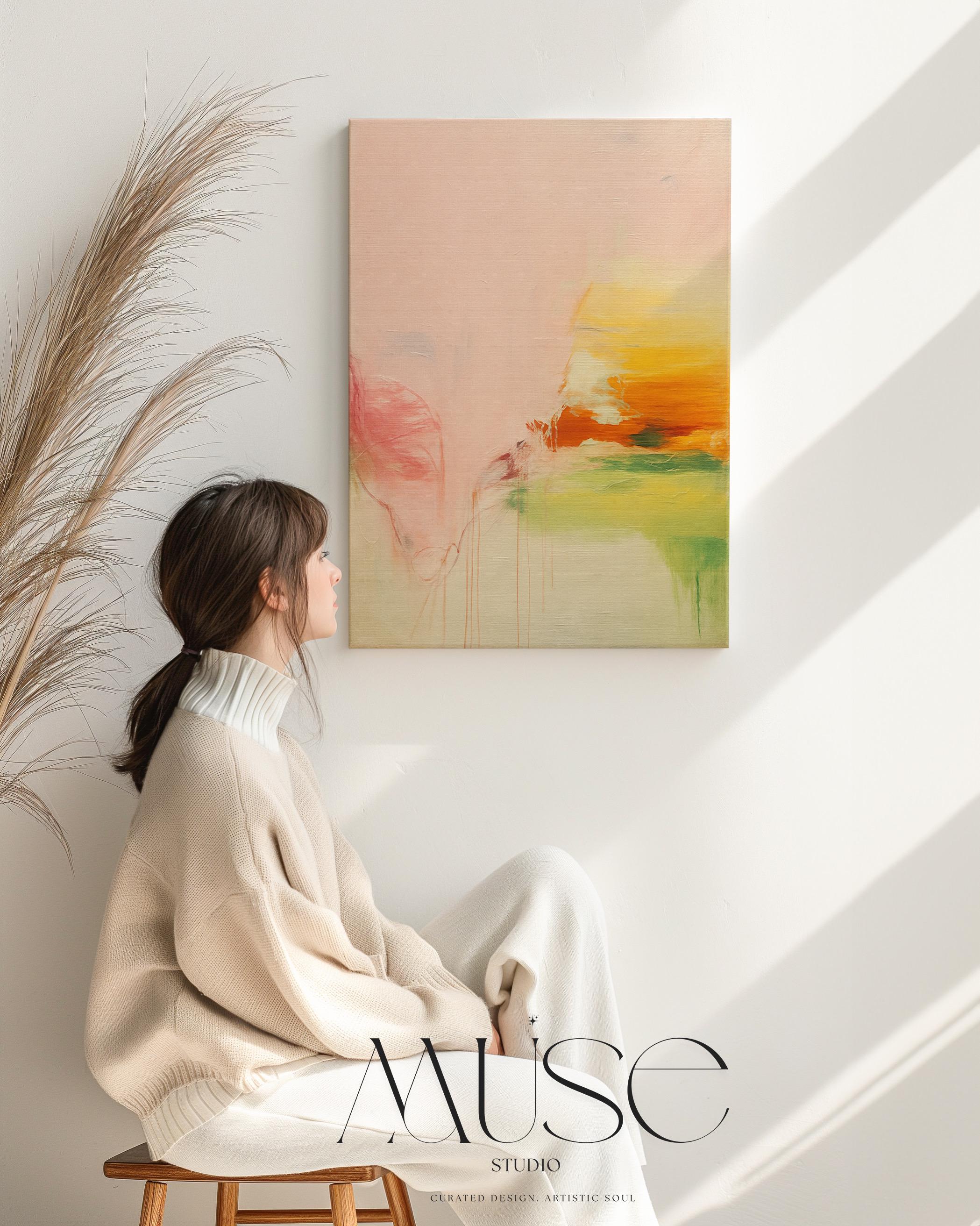 Vertical abstract canvas wall art in blush, peach, and golden pastel tones with soft modern preppy styling. Gentle blends and airy color transitions make it ideal for feminine bedrooms, pastel-inspired interiors, and bright modern spaces. Available as gallery-wrapped or floater framed canvas by Muse Studio.