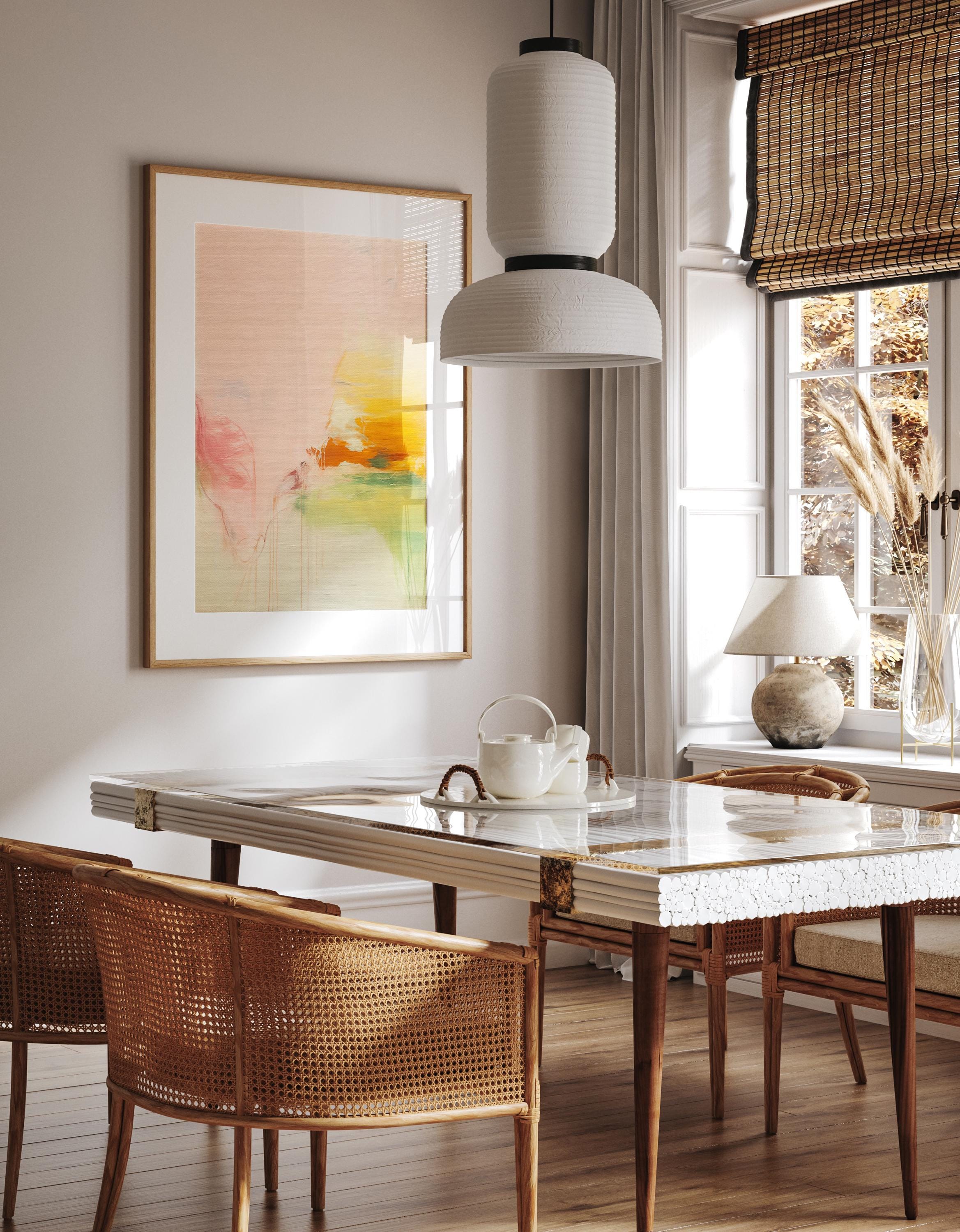 Soft pastel muted abstract wall art featuring blush, peach, and golden tones with gentle blended texture. Ideal for calm modern interiors, bedrooms, wellness spaces, or neutral pastel décor. Available as framed wall art, gallery canvas, or fine art giclée print by Muse Studio.