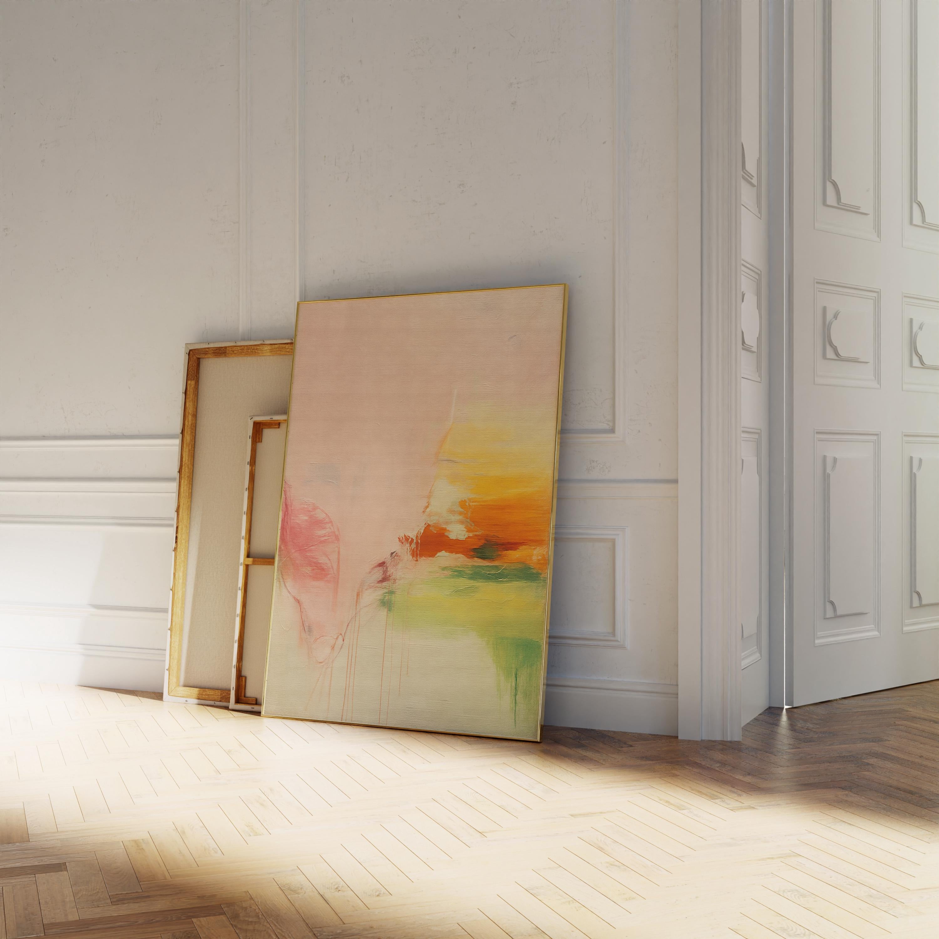 Soft pastel muted abstract wall art featuring blush, peach, and golden tones with gentle blended texture. Ideal for calm modern interiors, bedrooms, wellness spaces, or neutral pastel décor. Available as framed wall art, gallery canvas, or fine art giclée print by Muse Studio.