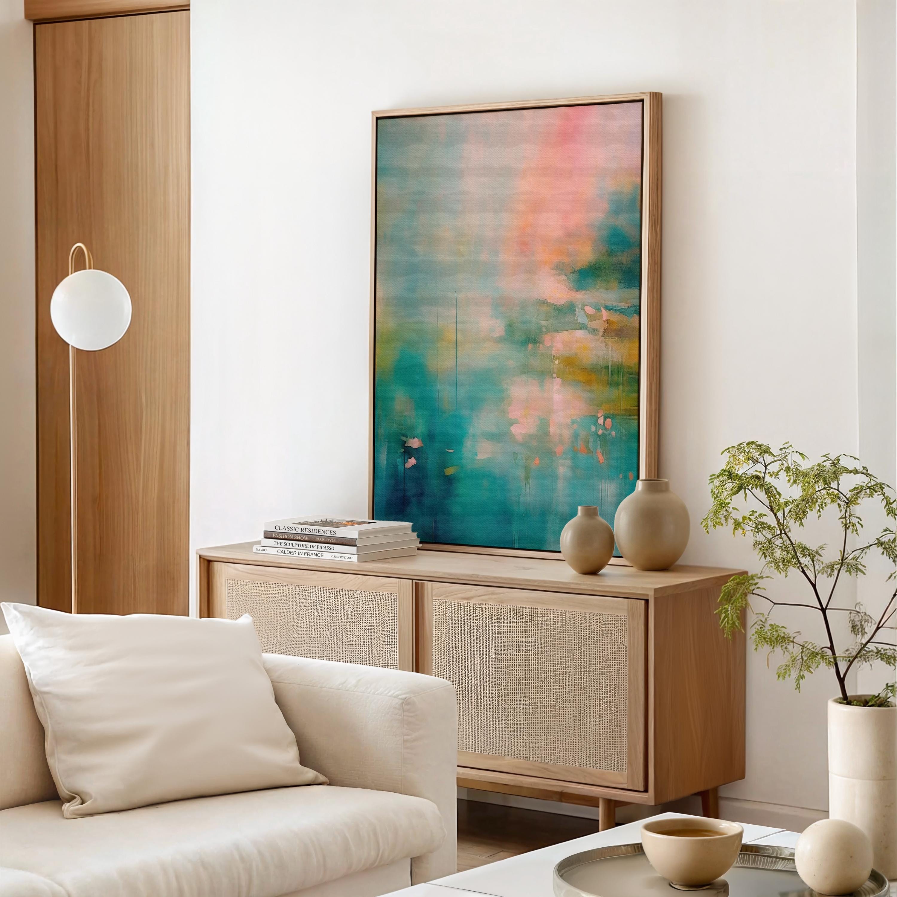 Vertical abstract canvas in teal, aqua, peach, and blush tones with soft contemporary blending and gentle drips; ideal for living rooms, coastal homes, bedrooms, and warm minimalist interiors; gallery-wrapped canvas by Muse Studio.