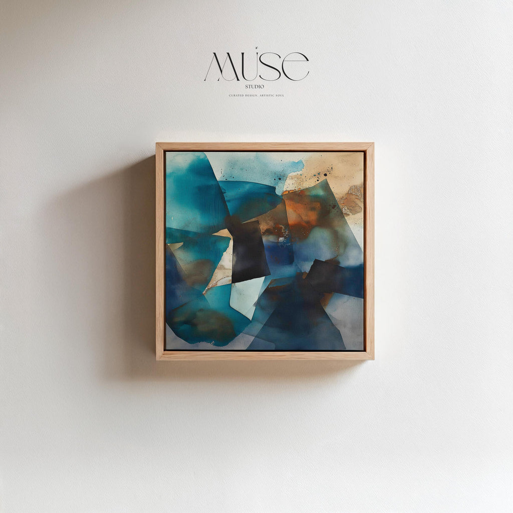 Square abstract canvas in deep teal, navy, and rust tones with moody geometric layering; ideal for living rooms, offices, and contemporary interiors; gallery-wrapped canvas by Muse Studio.