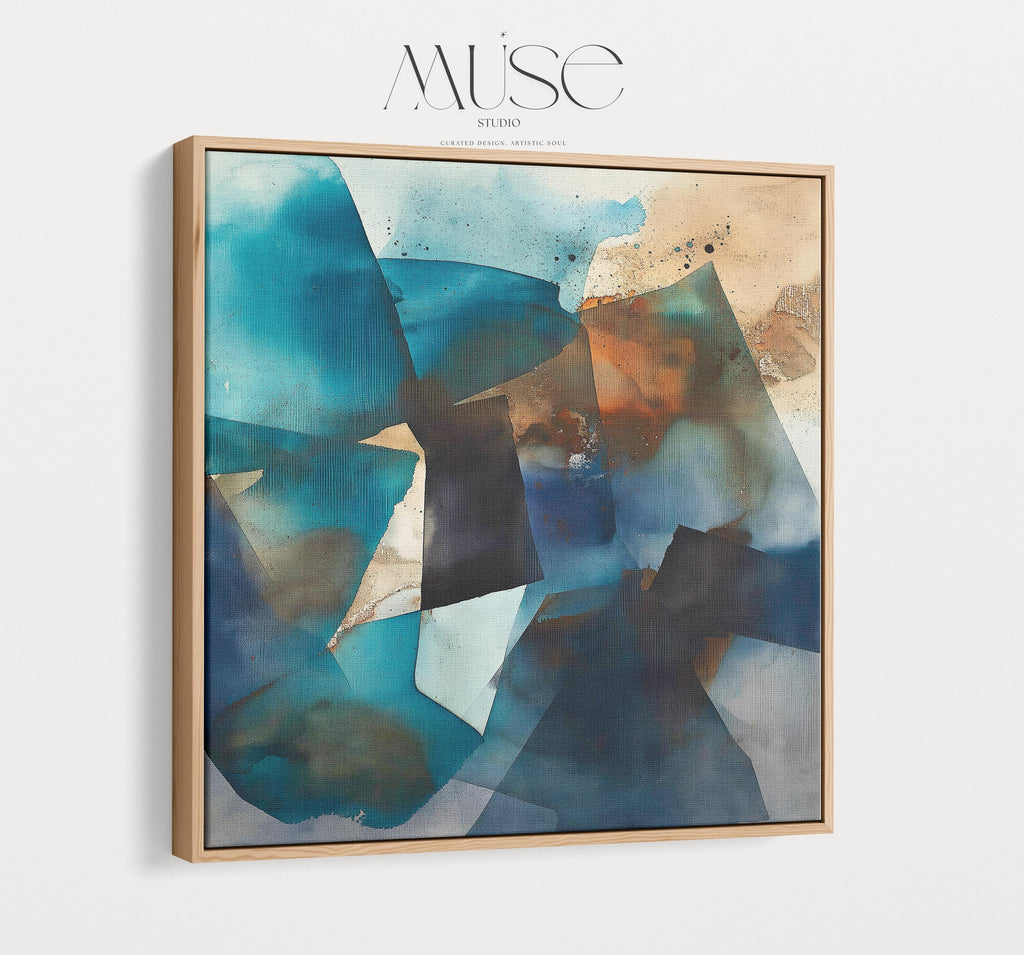 Square abstract canvas in deep teal, navy, and rust tones with moody geometric layering; ideal for living rooms, offices, and contemporary interiors; gallery-wrapped canvas by Muse Studio.