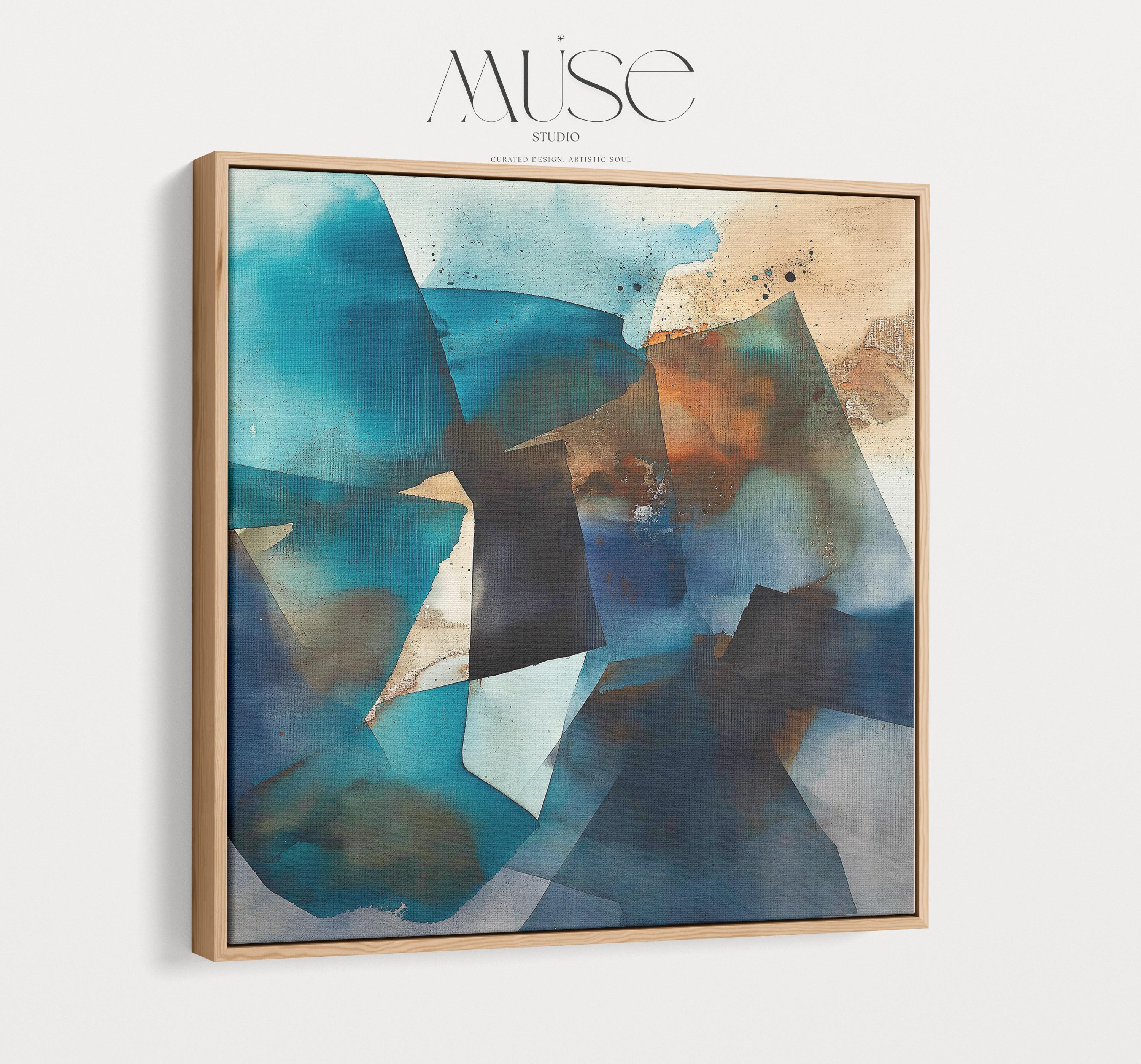 Square abstract canvas in deep teal, navy, and rust tones with moody geometric layering; ideal for living rooms, offices, and contemporary interiors; gallery-wrapped canvas by Muse Studio.