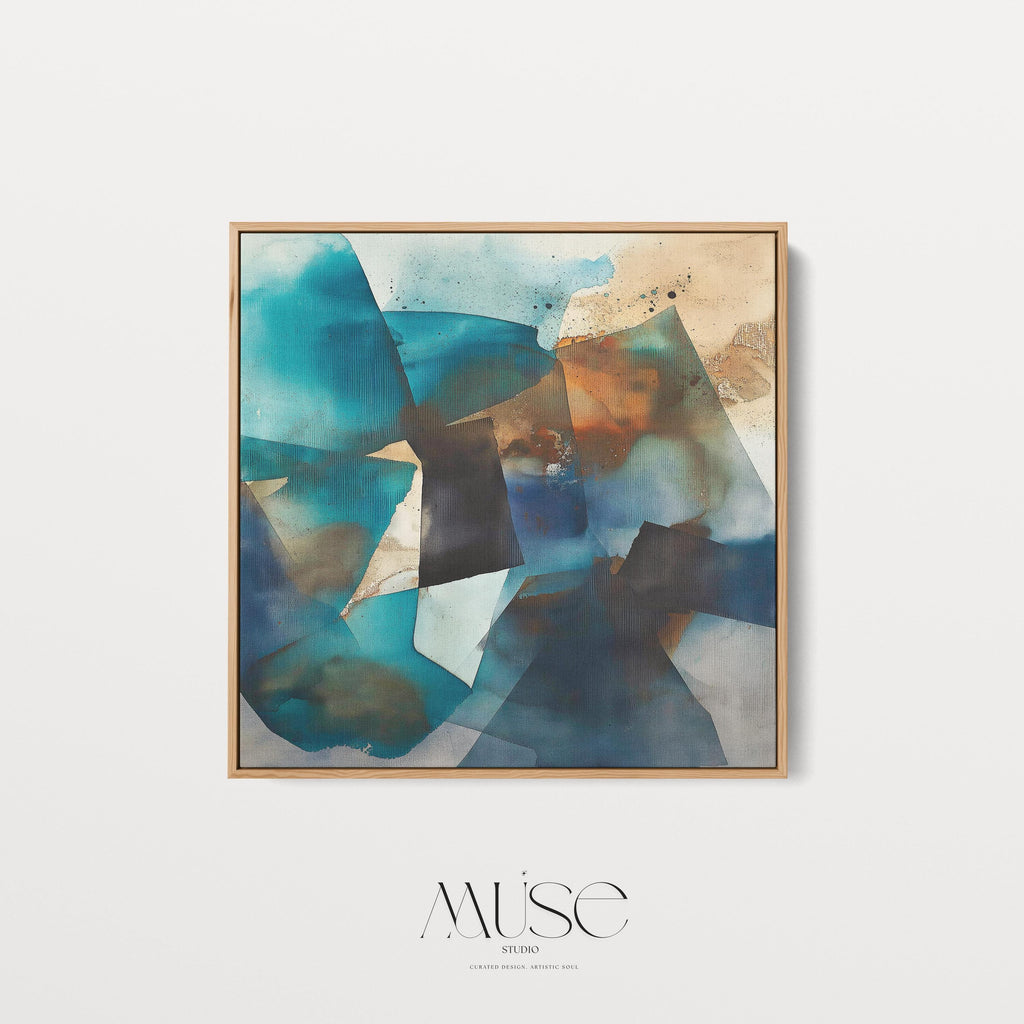 Square abstract canvas in deep teal, navy, and rust tones with moody geometric layering; ideal for living rooms, offices, and contemporary interiors; gallery-wrapped canvas by Muse Studio.
