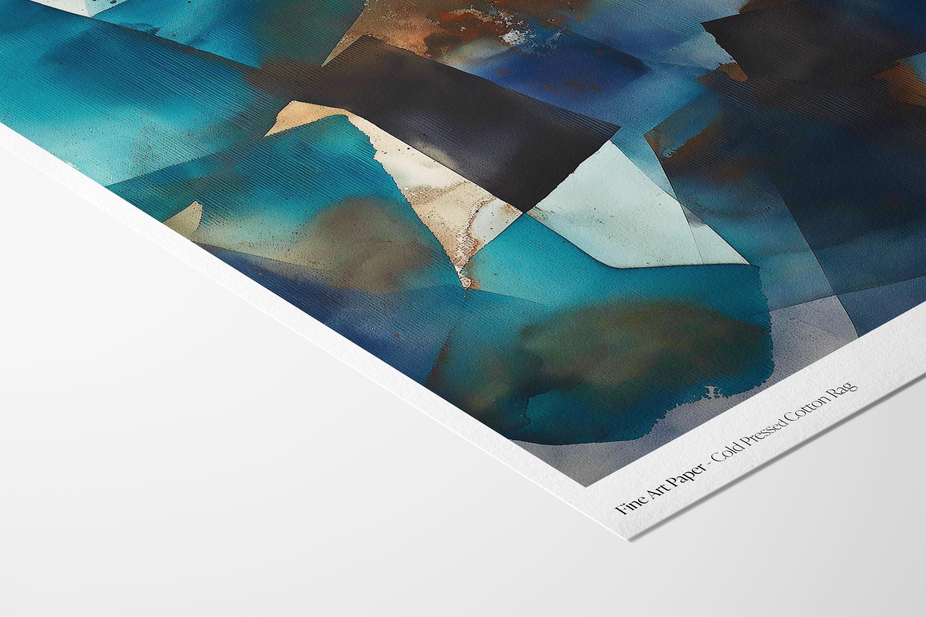Square abstract canvas in deep teal, navy, and rust tones with moody geometric layering; ideal for living rooms, offices, and contemporary interiors; gallery-wrapped canvas by Muse Studio.