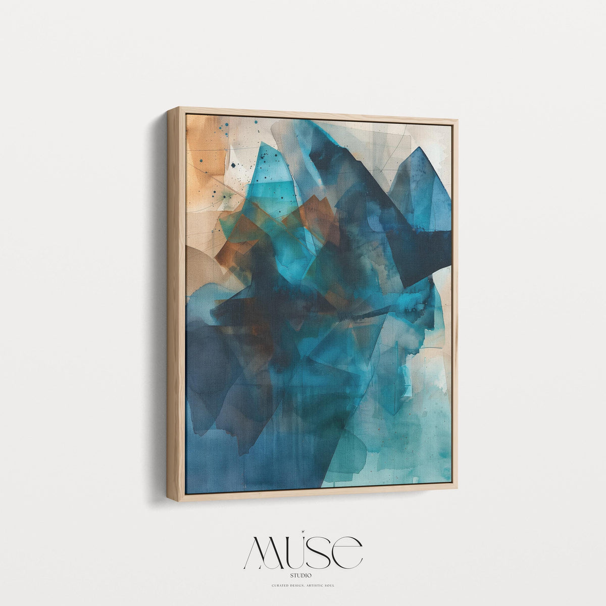 Large Teal Blue and Tan Framed Canvas wall art, Minimalist Natural Decor, Calm Contemporary Style for Livingroom or Office Design | 345