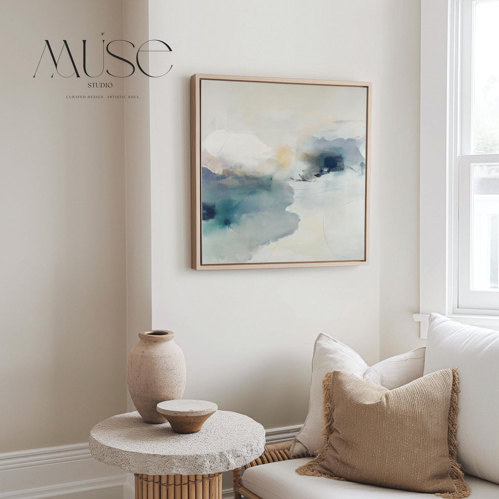 Square abstract canvas in winter white, misty blue, and soft gray tones with a serene alpine-inspired style; perfect for winter homes, lodges, and soft minimal interiors; gallery-wrapped canvas by Muse Studio.