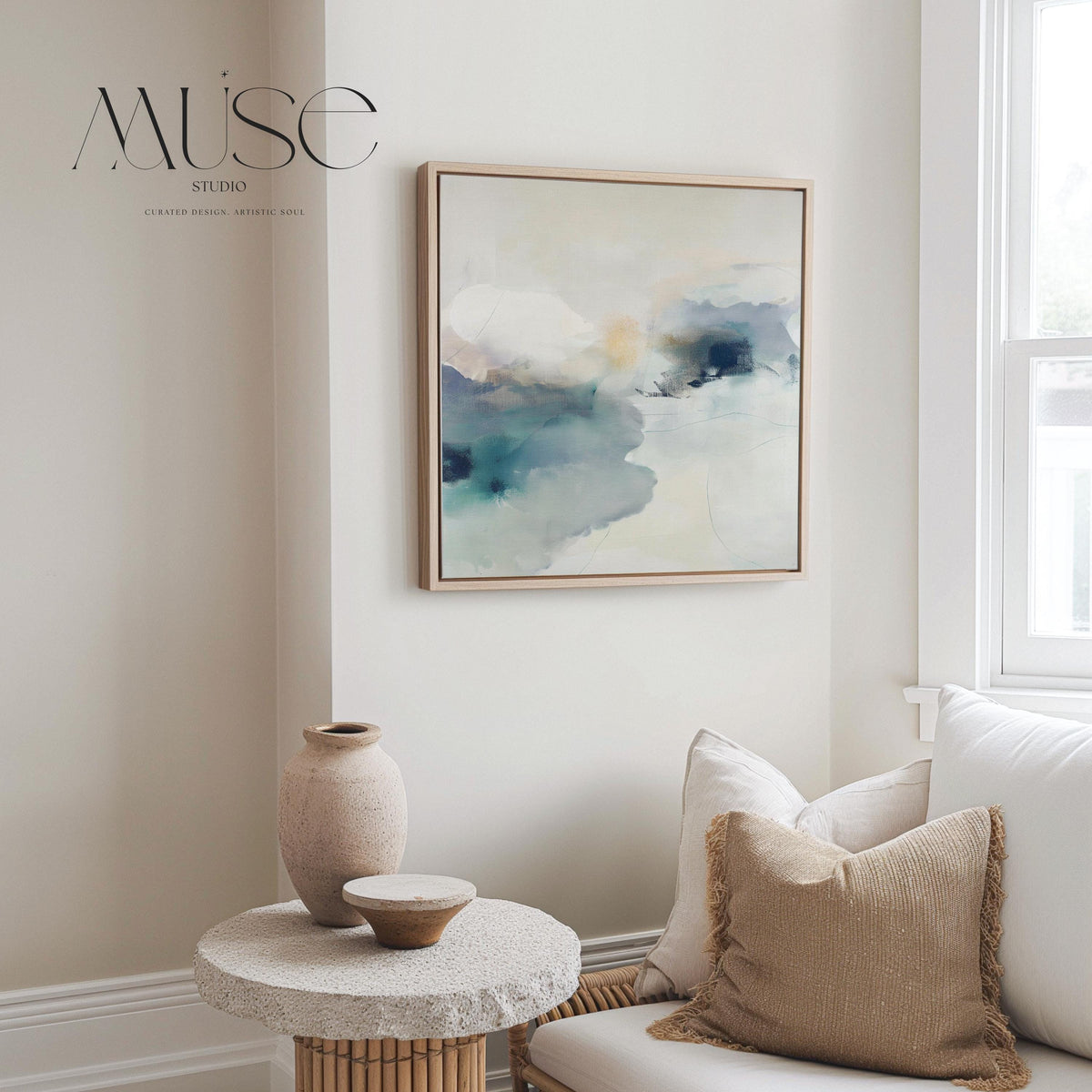 Square abstract canvas in winter white, misty blue, and soft gray tones with a serene alpine-inspired style; perfect for winter homes, lodges, and soft minimal interiors; gallery-wrapped canvas by Muse Studio.