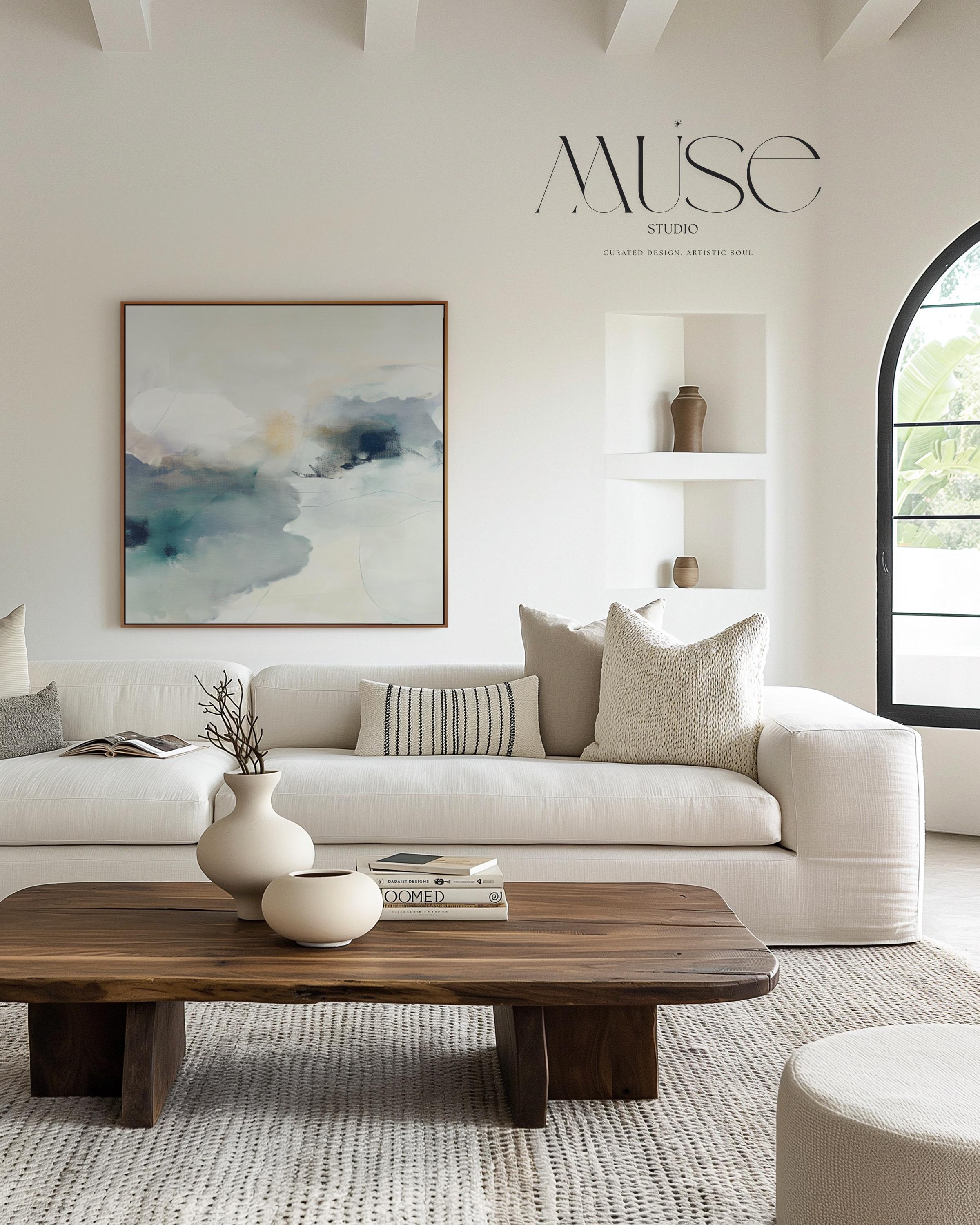 Square abstract canvas in winter white, misty blue, and soft gray tones with a serene alpine-inspired style; perfect for winter homes, lodges, and soft minimal interiors; gallery-wrapped canvas by Muse Studio.