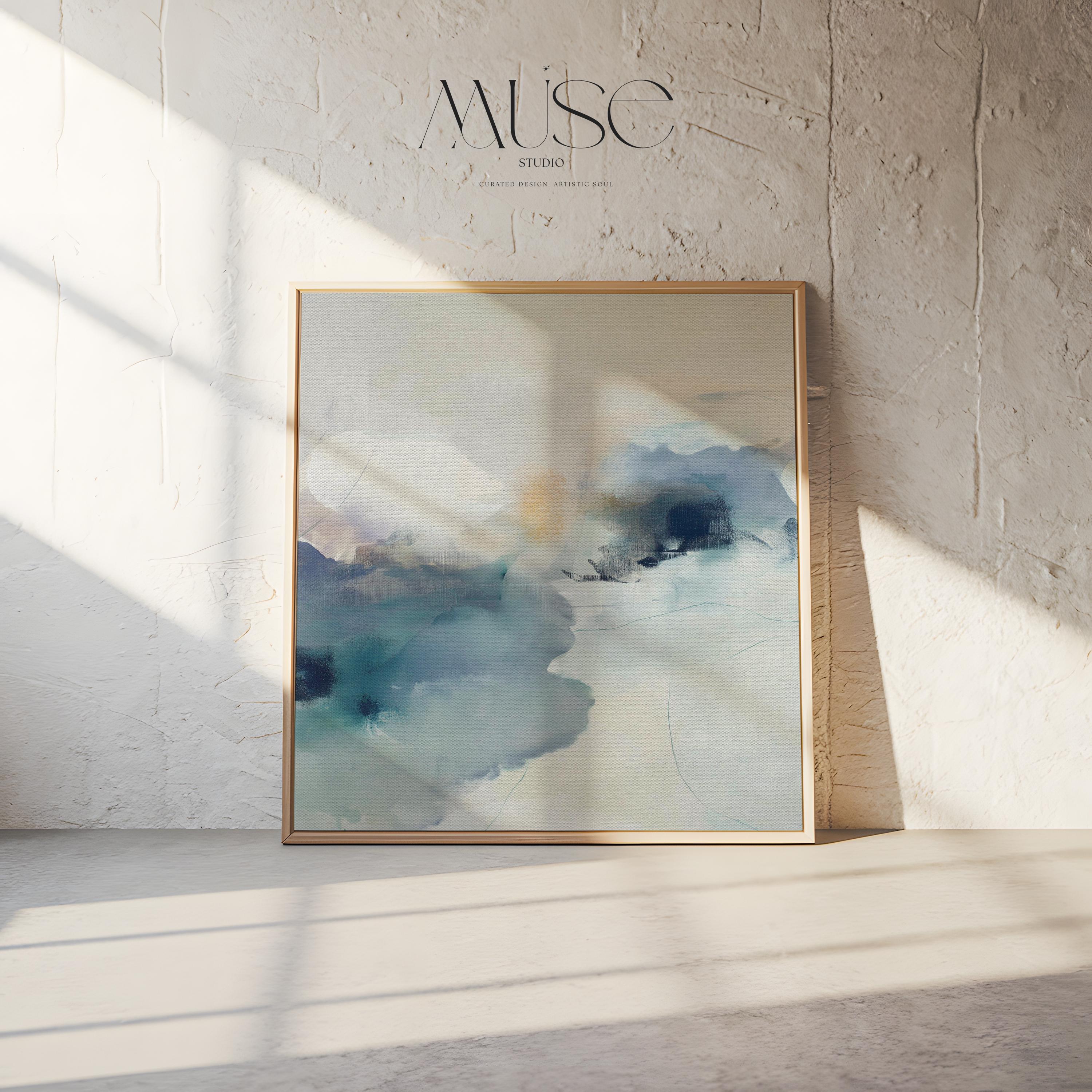 Square abstract canvas in winter white, misty blue, and soft gray tones with a serene alpine-inspired style; perfect for winter homes, lodges, and soft minimal interiors; gallery-wrapped canvas by Muse Studio.