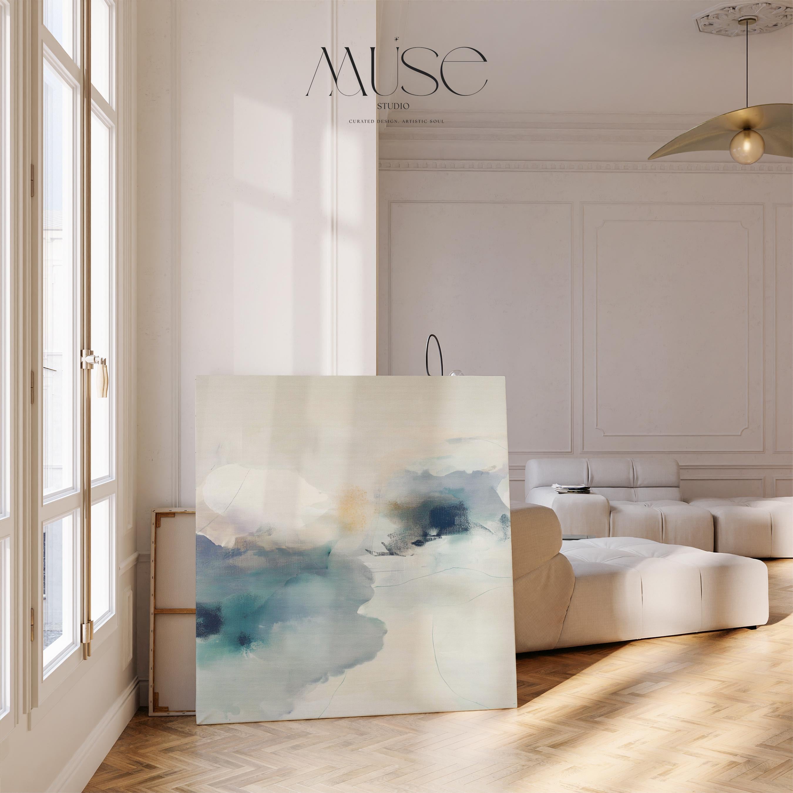 Square abstract canvas in winter white and coastal blue tones with a soft minimal style, ideal for Coastal Christmas décor in living rooms, beach homes, and serene holiday interiors; gallery-wrapped canvas by Muse Studio.