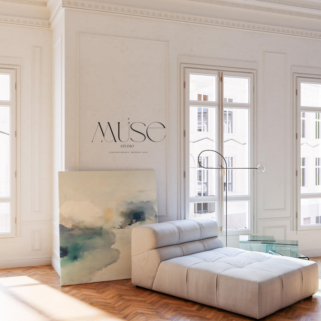 Square abstract canvas in winter white and coastal blue tones with a soft minimal style, ideal for Coastal Christmas décor in living rooms, beach homes, and serene holiday interiors; gallery-wrapped canvas by Muse Studio.