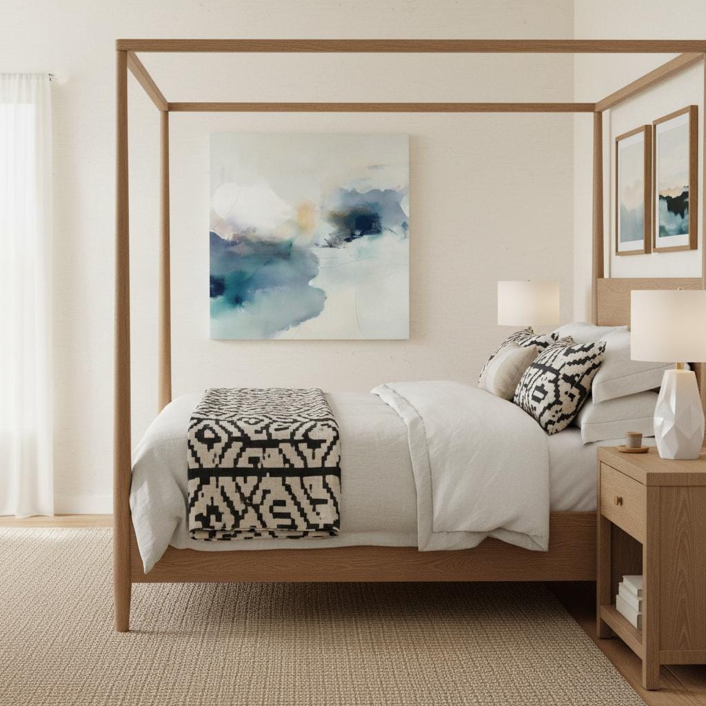 Square abstract canvas in winter white and coastal blue tones with a soft minimal style, ideal for Coastal Christmas décor in living rooms, beach homes, and serene holiday interiors; gallery-wrapped canvas by Muse Studio.