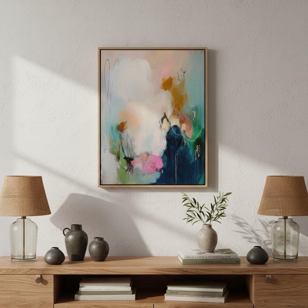 Teal pink navy abstract canvas wall art large framed art giclée print soft contemporary transitional wall decor for living room MUSE 427 Framed Canvas Art Colorful abstract wall art on framed canvas, perfect for bold decor art and modern wall decor. Large statement piece with expressive brushstrokes and rich textures. Ready-to-hang giclée canvas designed to energize living rooms, offices, bedrooms and curated interiors. Muse Studio Decor Art.