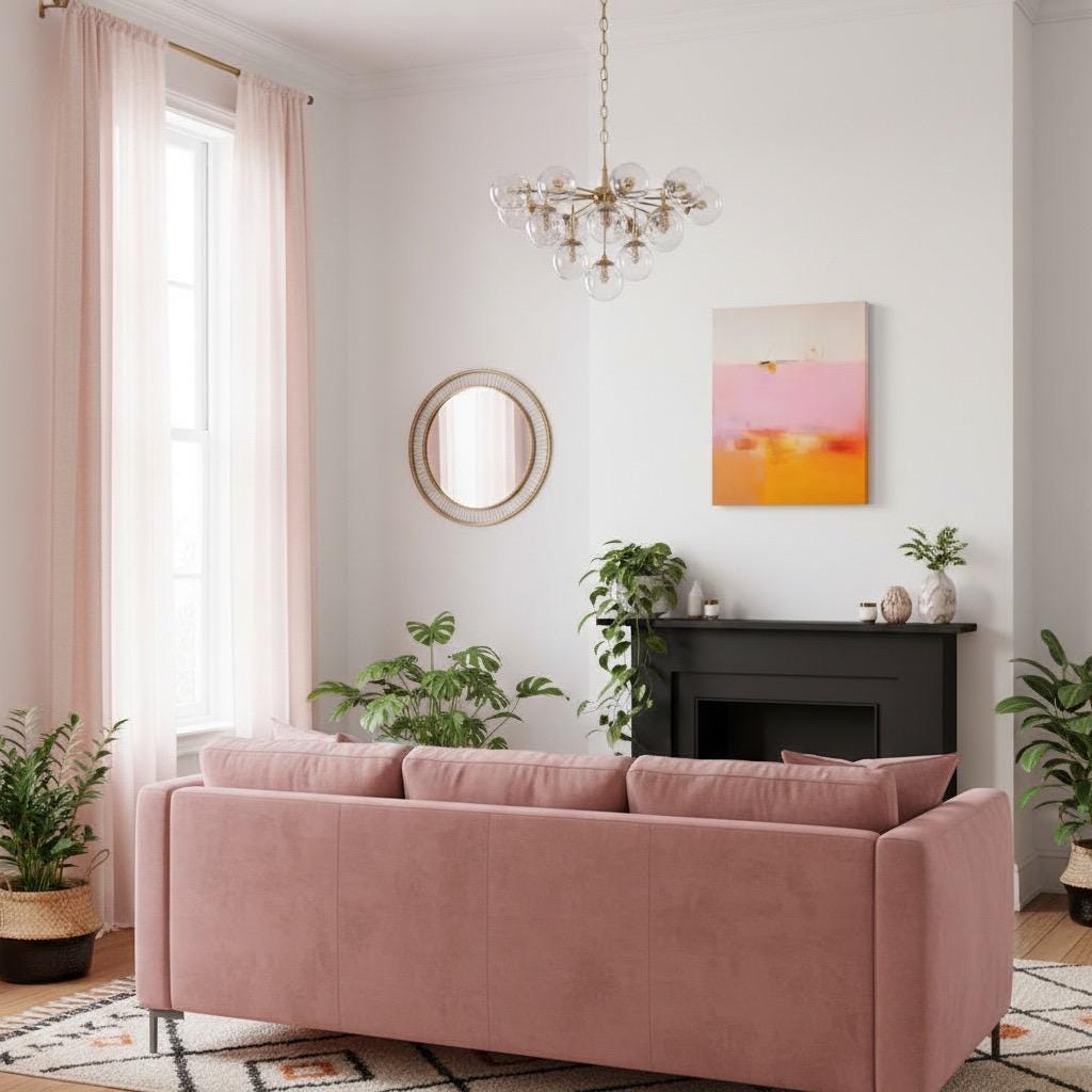 Soft pastel muted abstract wall art featuring a blended pink, peach, and golden gradient, styled in a warm neutral living room with natural wood decor and soft beige seating. Ideal for calm interiors, bedrooms, and warm minimalist spaces. Available as framed wall art, canvas, or fine art print by Muse Studio.