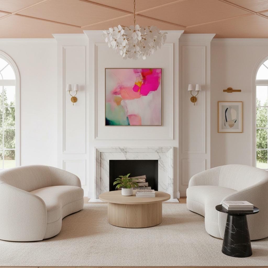 Square coquette pastel abstract wall art in hot pink, blush, and mint tones displayed above a natural rattan console table with florals and a blue chinoiserie vase. Soft romantic pastel wall art available as framed wall art, canvas, or giclée print by Muse Studio.