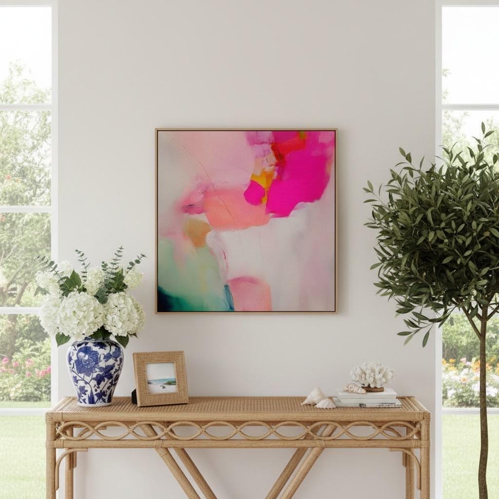 Square coquette pastel abstract wall art in hot pink, blush, and mint tones displayed above a natural rattan console table with florals and a blue chinoiserie vase. Soft romantic pastel wall art available as framed wall art, canvas, or giclée print by Muse Studio.