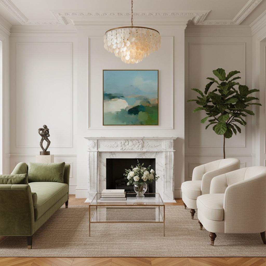 Square coastal abstract wall art with soft blue, sage, and sand tones framed in gold. Muted modern landscape-style artwork ideal for bedrooms, living rooms, or calm designer interiors. Available as framed canvas or fine art print by Muse Studio.