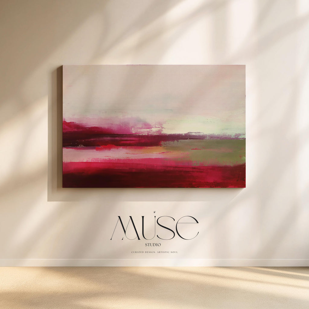 Horizontal cranberry red and blush abstract canvas with soft winter tones of sage and pink. Warm minimalist holiday wall art, perfect for living rooms, bedrooms, and modern seasonal decor. Limited edition Muse Studio artwork, MUSE 610.