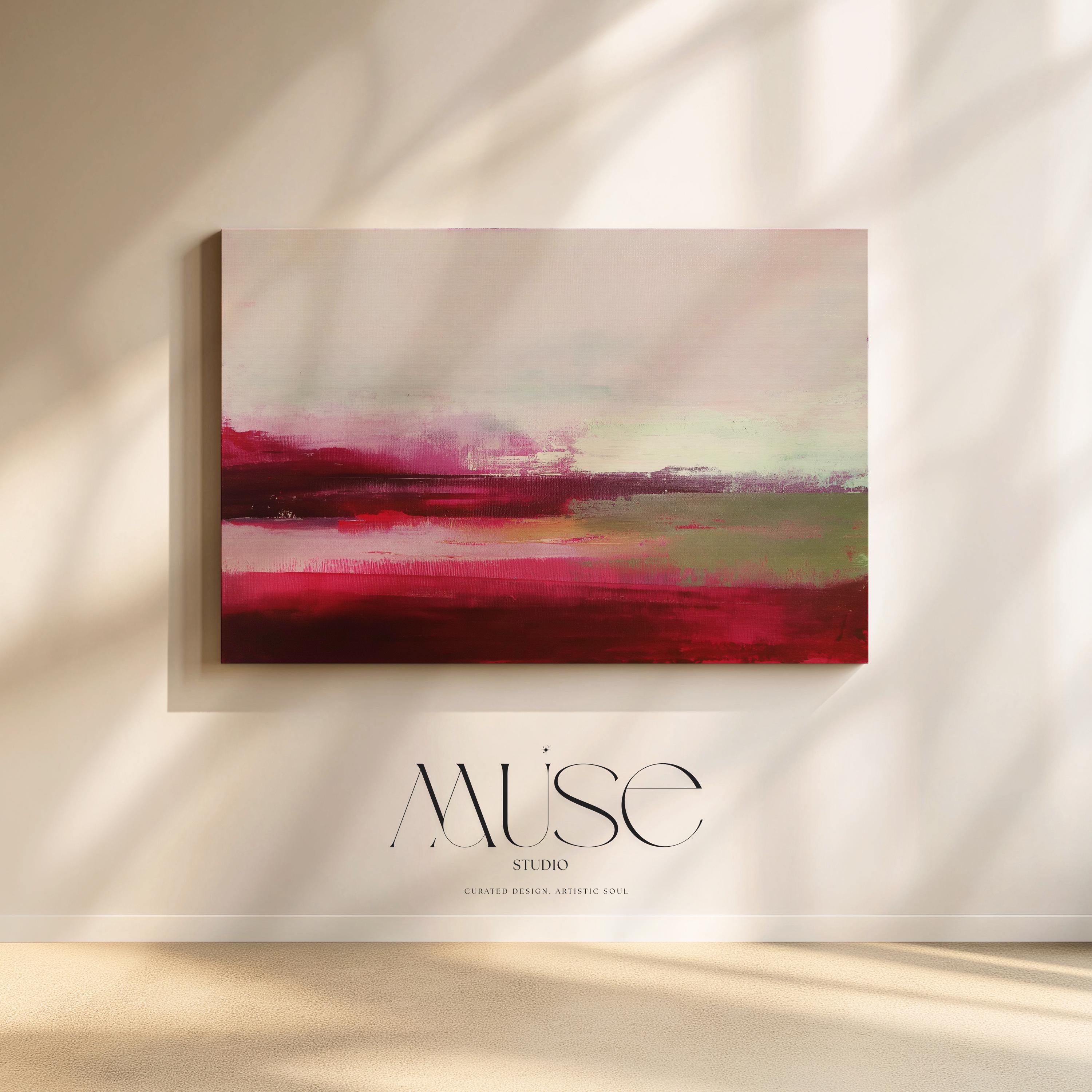 Horizontal cranberry red and blush abstract canvas with soft winter tones of sage and pink. Warm minimalist holiday wall art, perfect for living rooms, bedrooms, and modern seasonal decor. Limited edition Muse Studio artwork, MUSE 610.