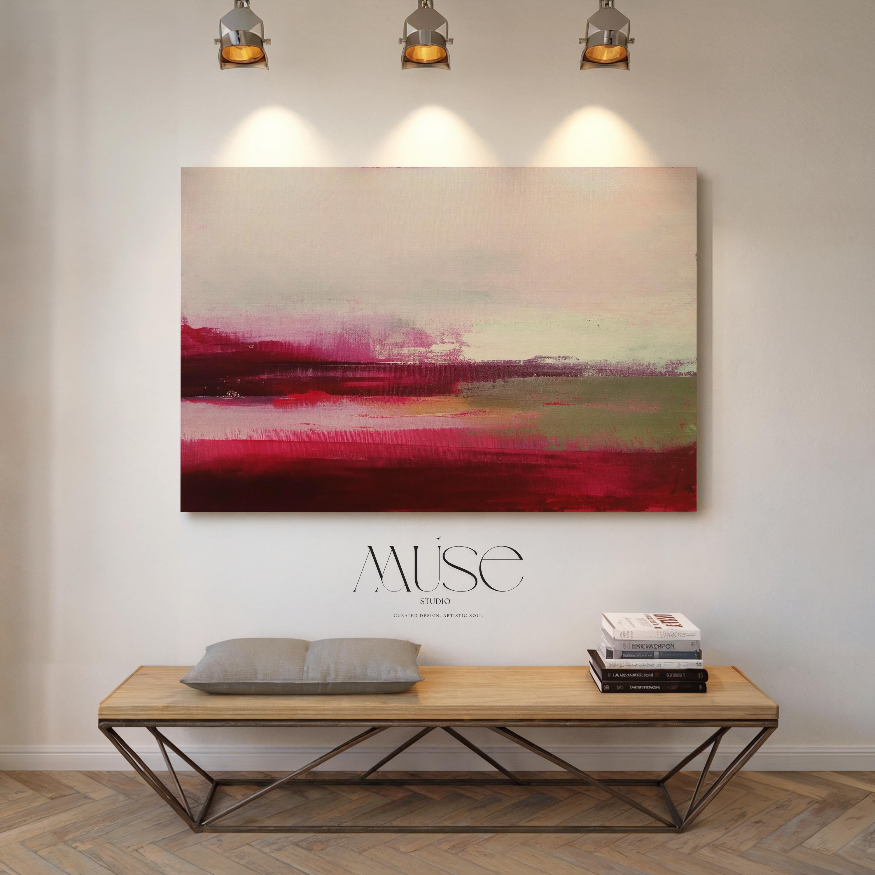 Horizontal cranberry red and blush abstract canvas with soft winter tones of sage and pink. Warm minimalist holiday wall art, perfect for living rooms, bedrooms, and modern seasonal decor. Limited edition Muse Studio artwork, MUSE 610.