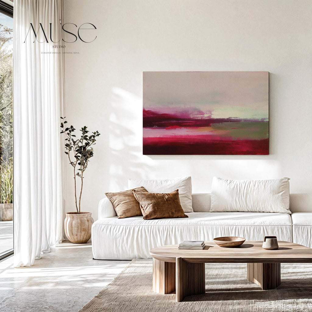 Horizontal cranberry red and blush abstract canvas with soft winter tones of sage and pink. Warm minimalist holiday wall art, perfect for living rooms, bedrooms, and modern seasonal decor. Limited edition Muse Studio artwork, MUSE 610.