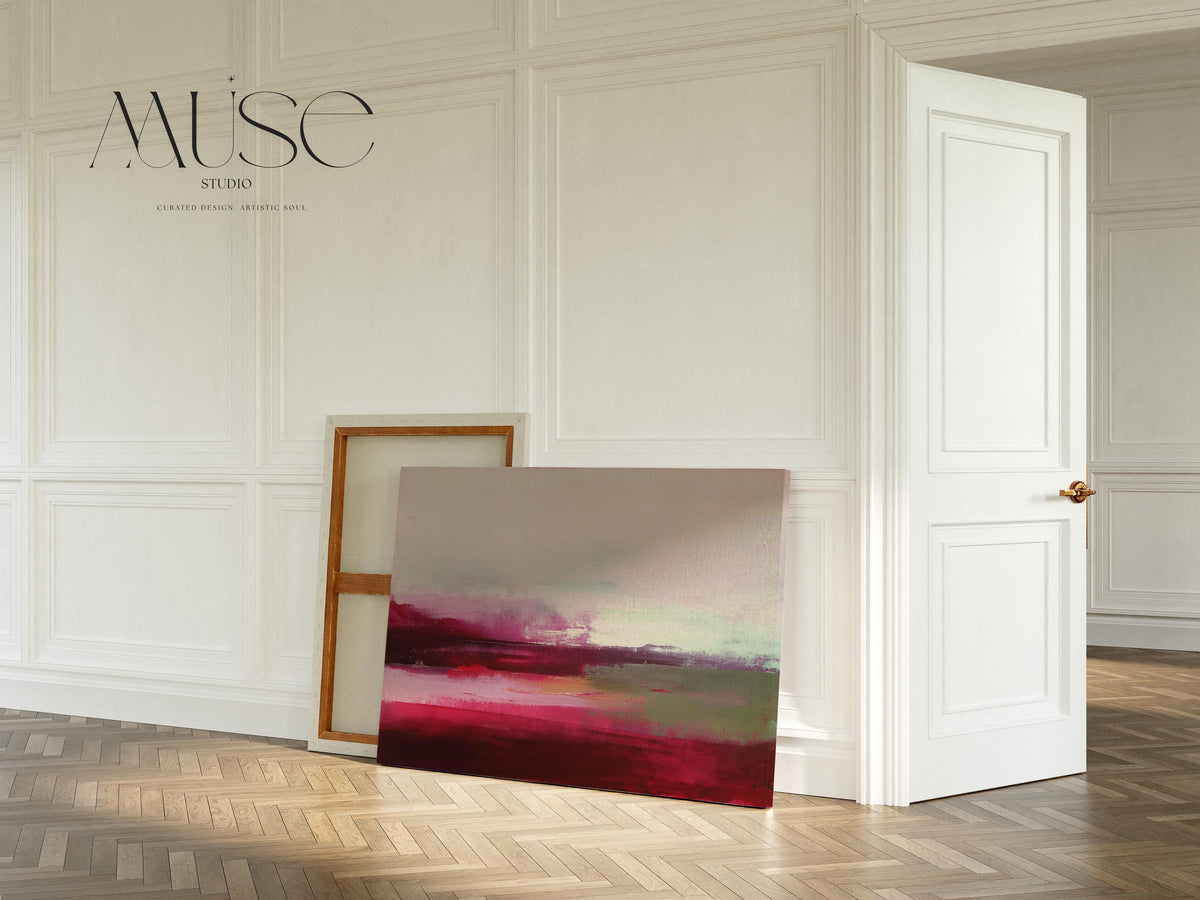Horizontal cranberry red and blush abstract canvas with soft winter tones of sage and pink. Warm minimalist holiday wall art, perfect for living rooms, bedrooms, and modern seasonal decor. Limited edition Muse Studio artwork, MUSE 610.