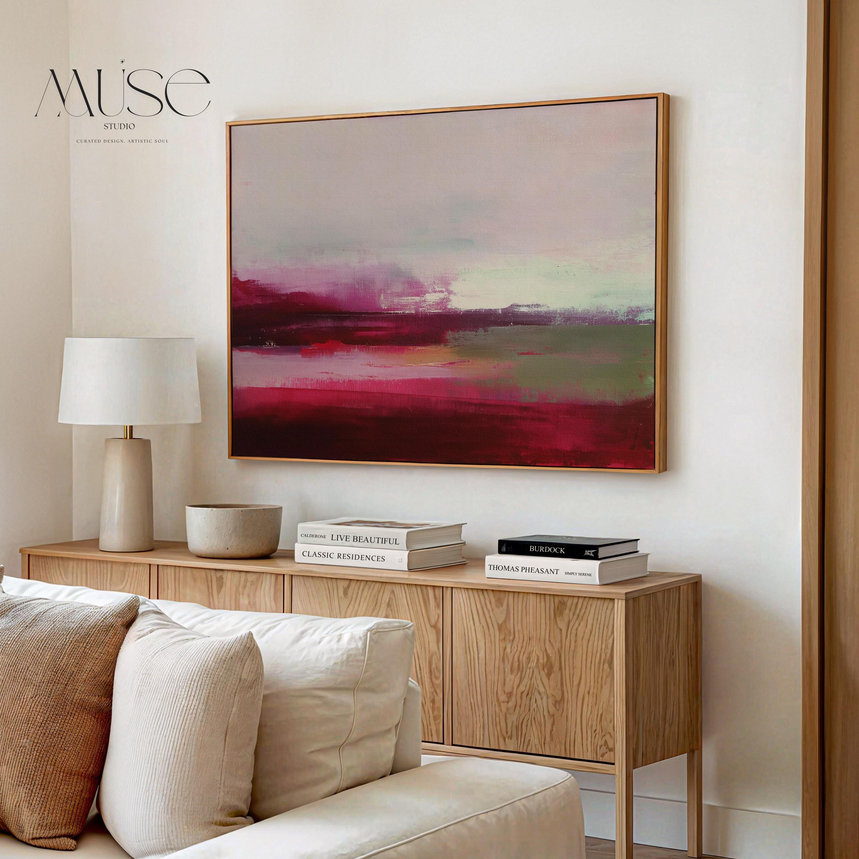 Framed cranberry red and blush abstract canvas with soft winter tones of sage and pink. Warm minimalist holiday wall art for living rooms, bedrooms, and modern seasonal interiors. Limited edition Muse Studio framed artwork, MUSE 610.