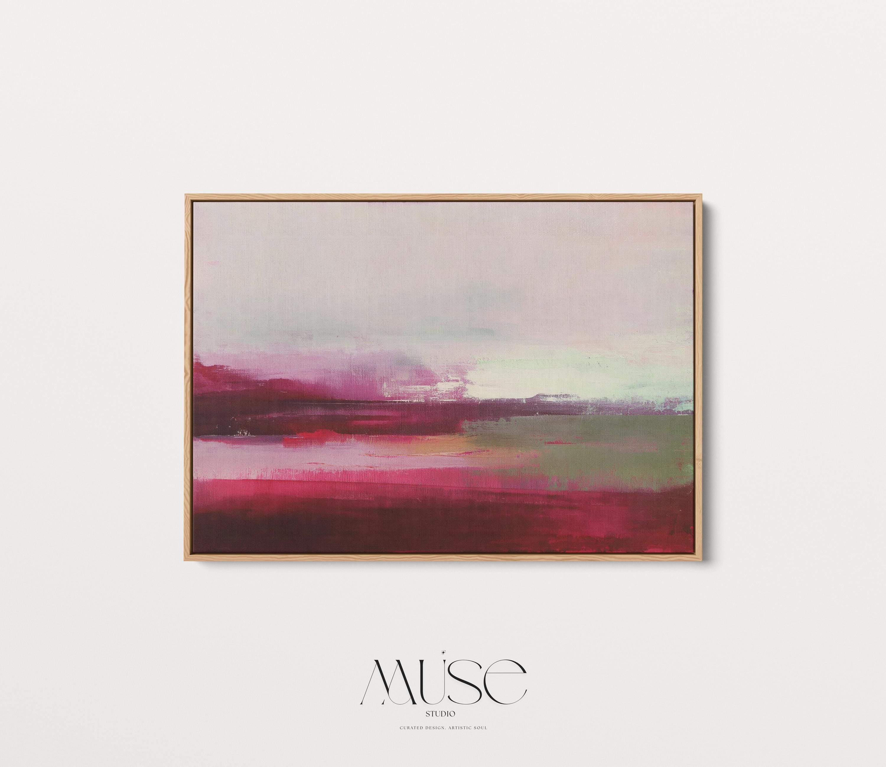 Framed cranberry red and blush abstract canvas with soft winter tones of sage and pink. Warm minimalist holiday wall art for living rooms, bedrooms, and modern seasonal interiors. Limited edition Muse Studio framed artwork, MUSE 610.