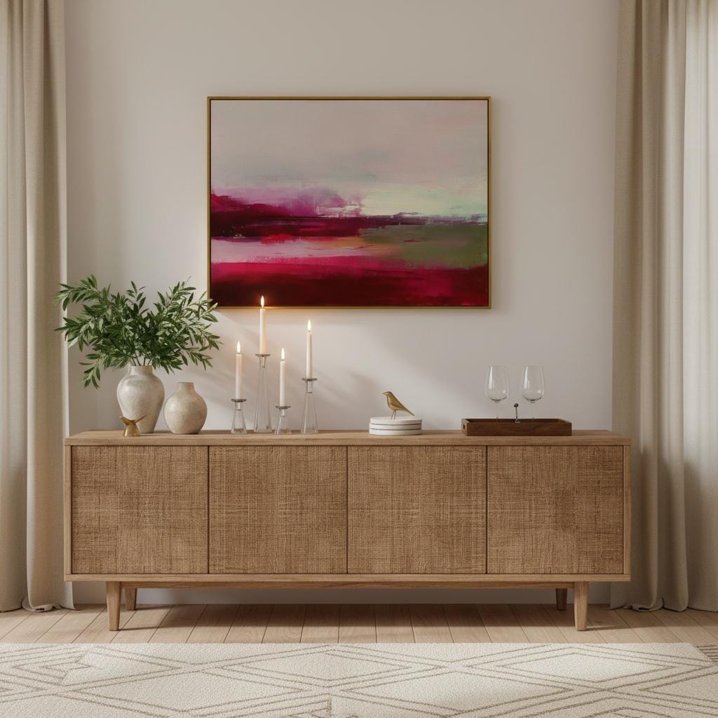 Framed cranberry red and blush abstract canvas with soft winter tones of sage and pink. Warm minimalist holiday wall art for living rooms, bedrooms, and modern seasonal interiors. Limited edition Muse Studio framed artwork, MUSE 610.