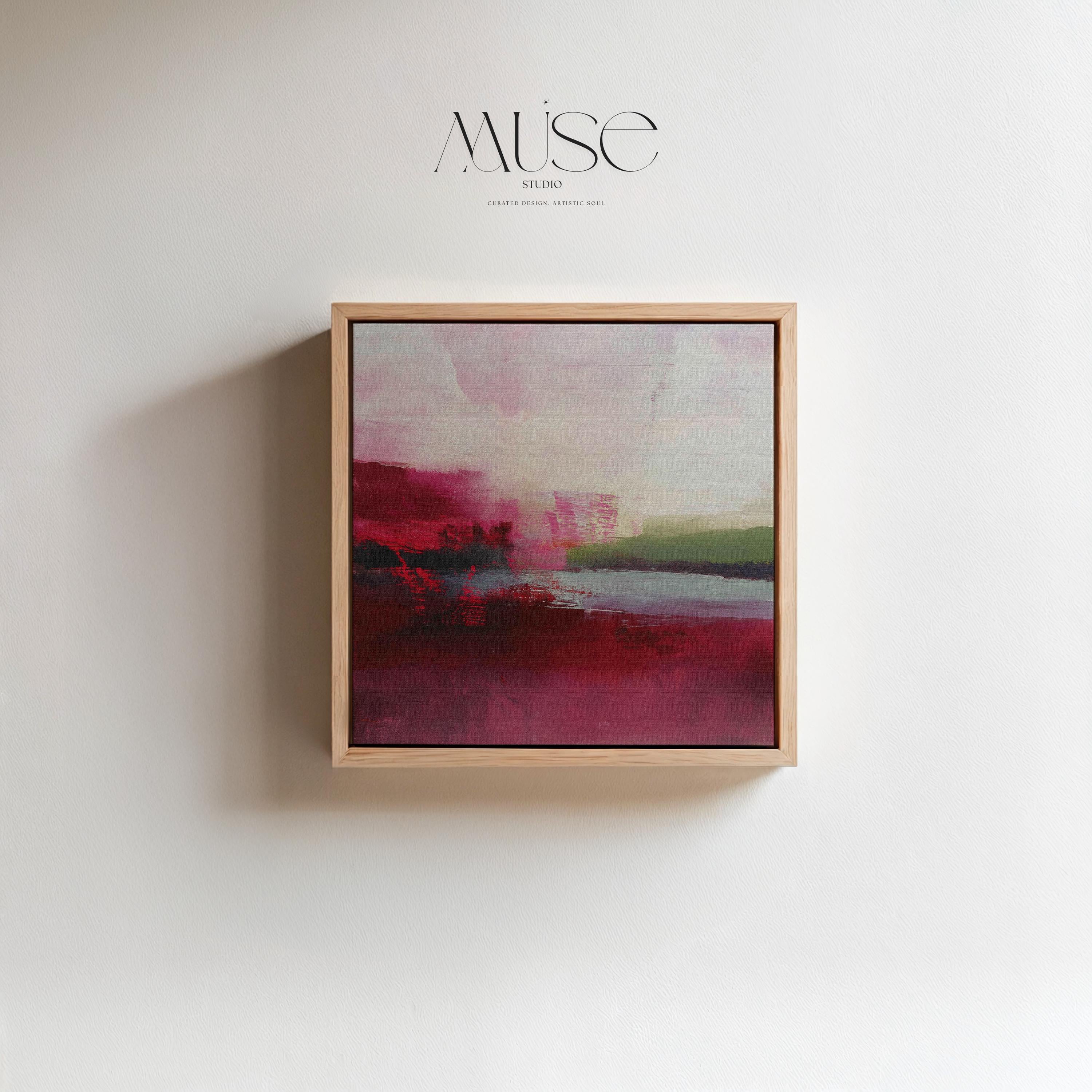 Framed cranberry and blush pink abstract canvas with soft winter tones of sage and red. Warm minimalist holiday wall art for living rooms, bedrooms, dining rooms, and seasonal interiors. Limited edition Muse Studio artwork, MUSE 611.
