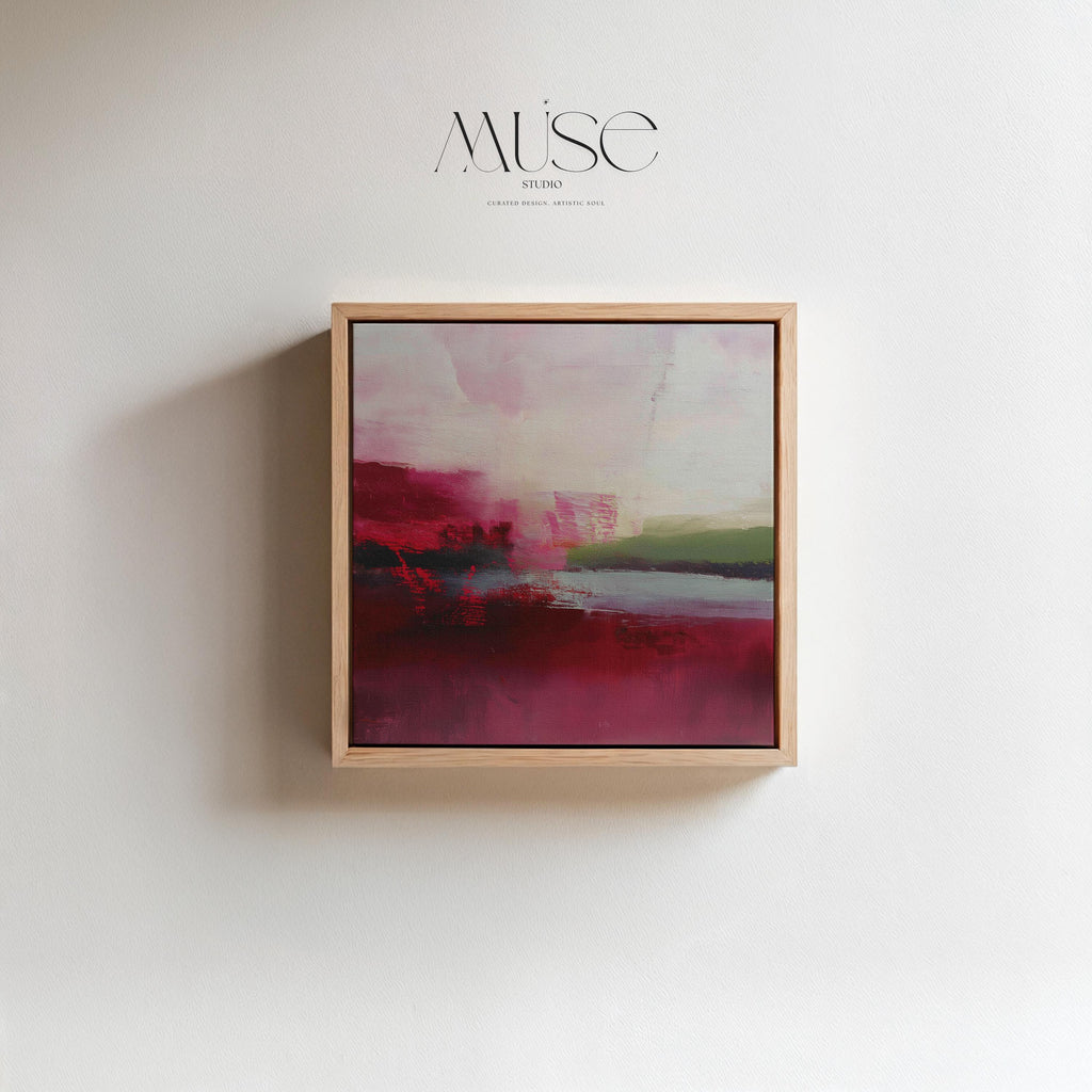 Framed cranberry and blush pink abstract canvas with soft winter tones of sage and red. Warm minimalist holiday wall art for living rooms, bedrooms, dining rooms, and seasonal interiors. Limited edition Muse Studio artwork, MUSE 611.