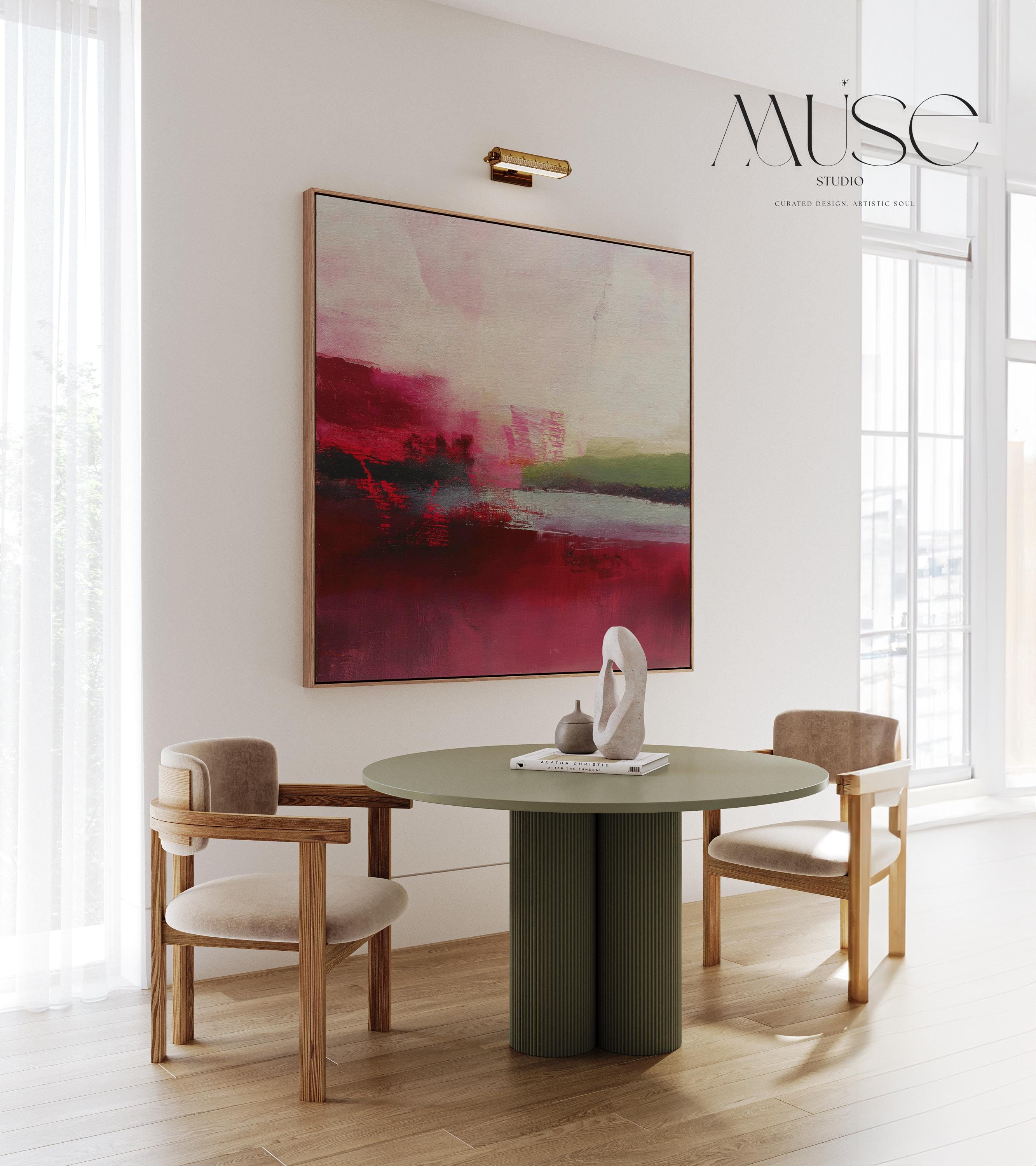 Framed cranberry and blush pink abstract canvas with soft winter tones of sage and red. Warm minimalist holiday wall art for living rooms, bedrooms, dining rooms, and seasonal interiors. Limited edition Muse Studio artwork, MUSE 611.
