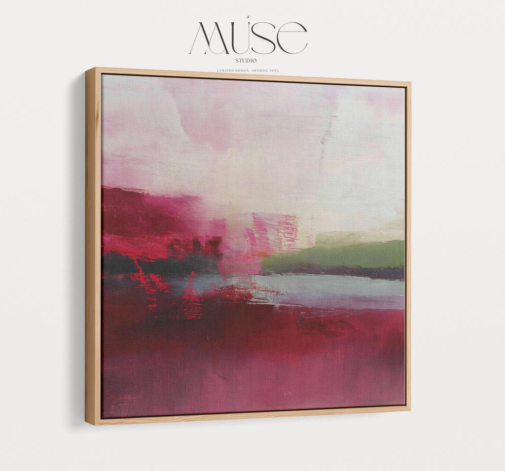 Framed cranberry and blush pink abstract canvas with soft winter tones of sage and red. Warm minimalist holiday wall art for living rooms, bedrooms, dining rooms, and seasonal interiors. Limited edition Muse Studio artwork, MUSE 611.