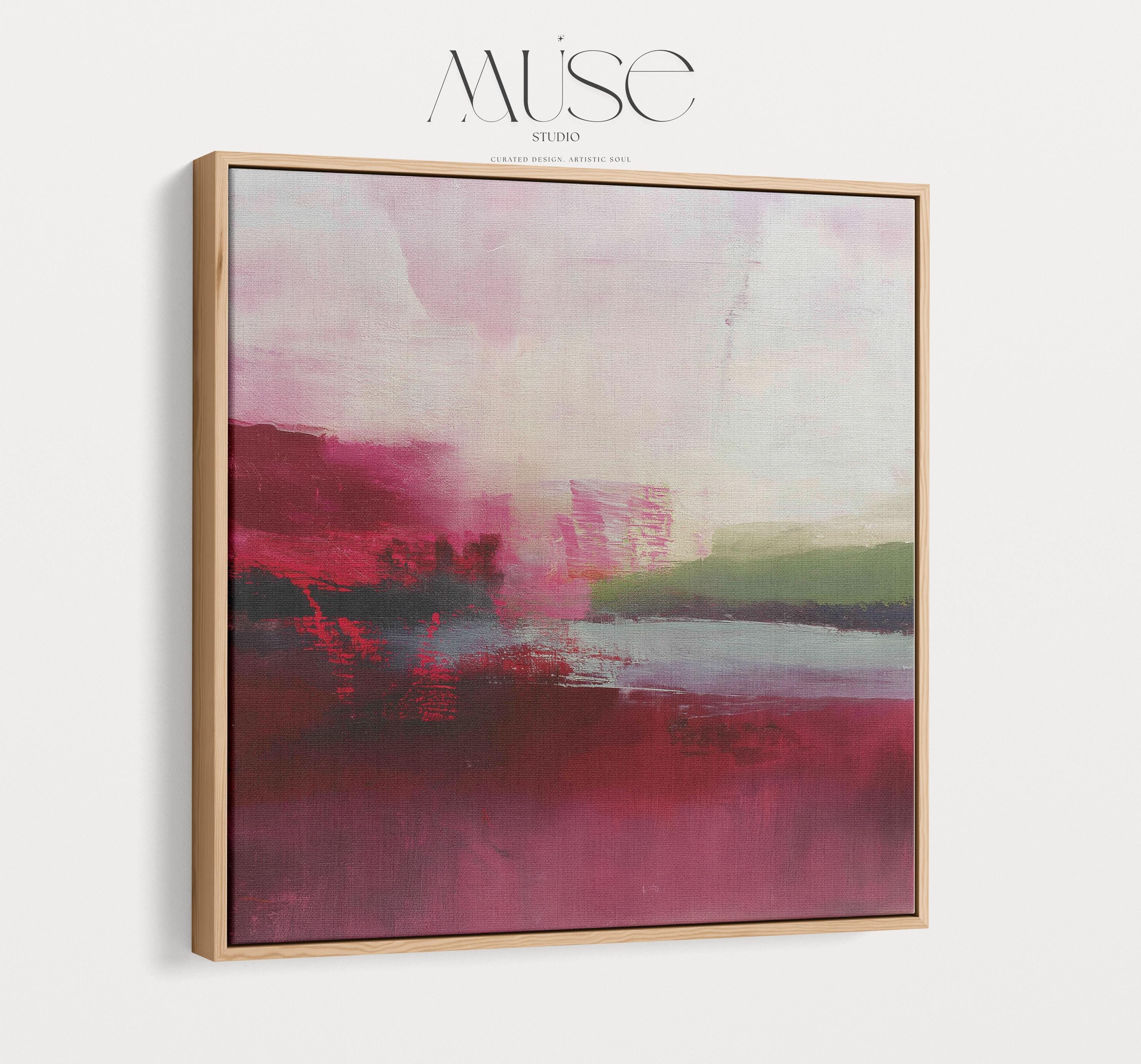 Framed cranberry and blush pink abstract canvas with soft winter tones of sage and red. Warm minimalist holiday wall art for living rooms, bedrooms, dining rooms, and seasonal interiors. Limited edition Muse Studio artwork, MUSE 611.