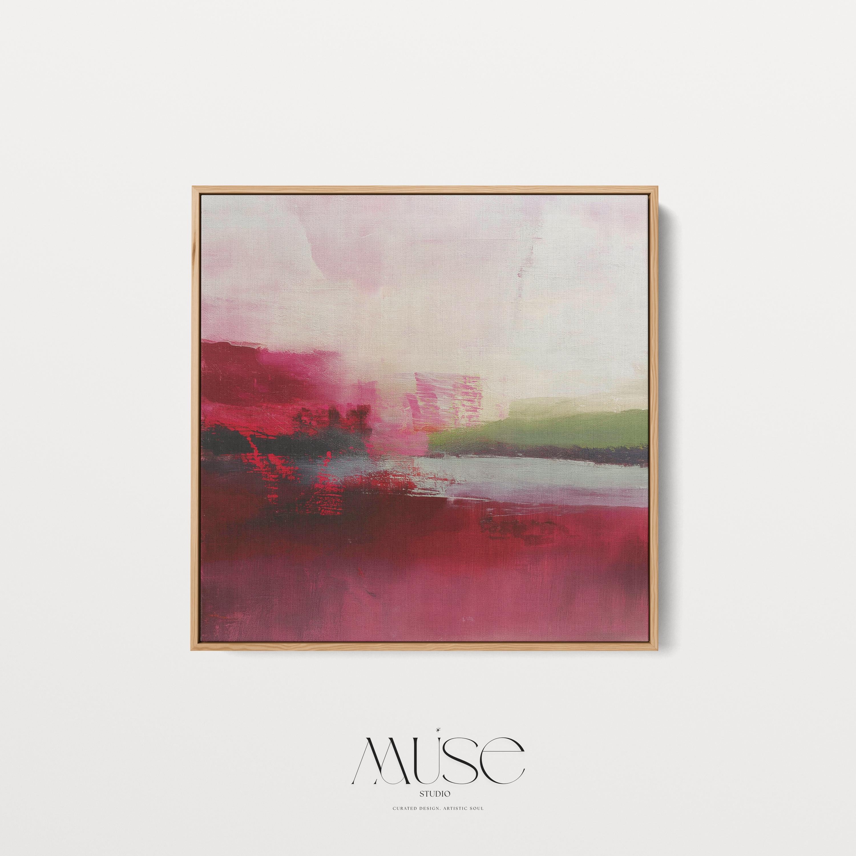 Framed cranberry and blush pink abstract canvas with soft winter tones of sage and red. Warm minimalist holiday wall art for living rooms, bedrooms, dining rooms, and seasonal interiors. Limited edition Muse Studio artwork, MUSE 611.