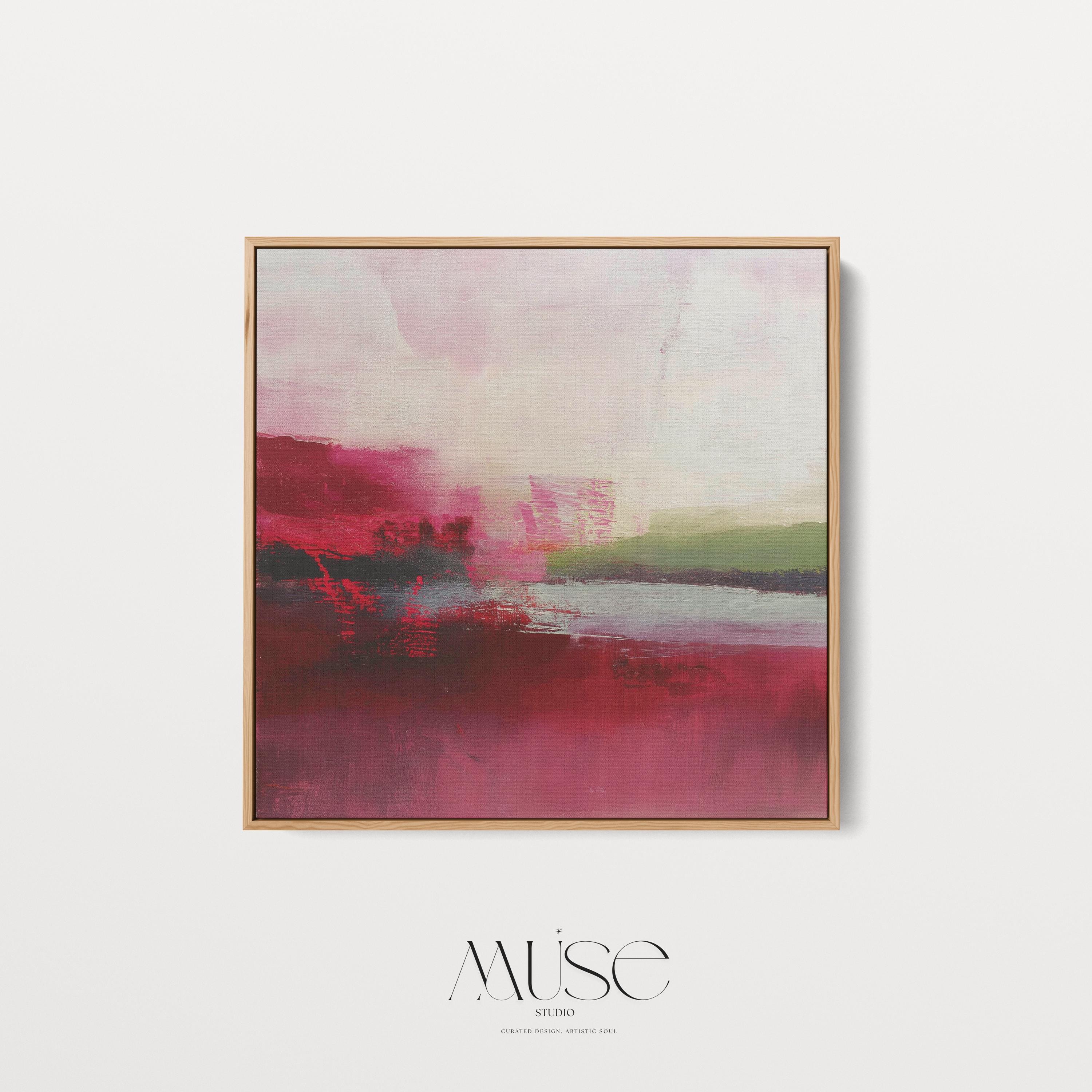 Framed cranberry and blush pink abstract canvas with soft winter tones of sage and red. Warm minimalist holiday wall art for living rooms, bedrooms, dining rooms, and seasonal interiors. Limited edition Muse Studio artwork, MUSE 611.