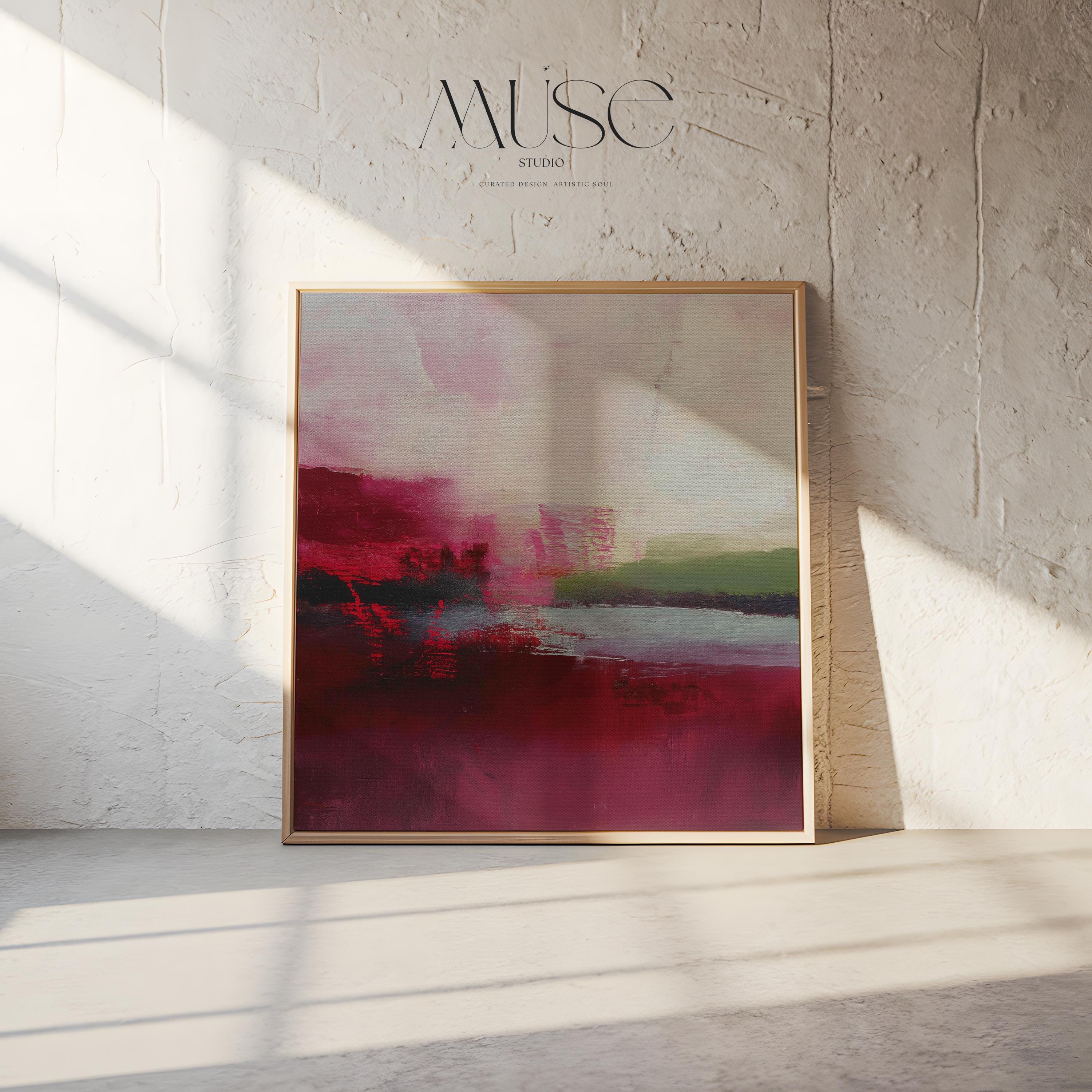 Framed cranberry and blush pink abstract canvas with soft winter tones of sage and red. Warm minimalist holiday wall art for living rooms, bedrooms, dining rooms, and seasonal interiors. Limited edition Muse Studio artwork, MUSE 611.