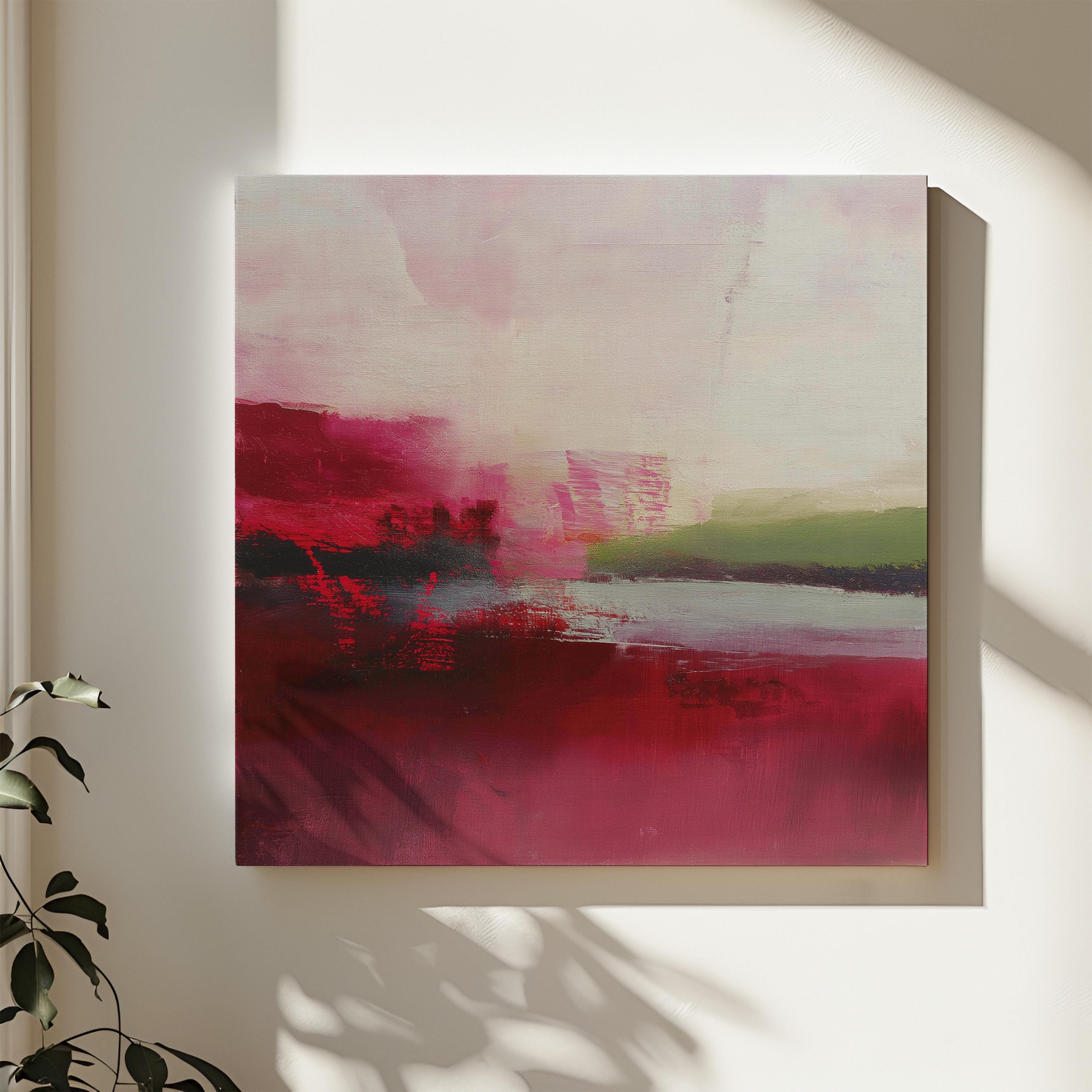 Large cranberry and blush pink abstract canvas with winter sage accents. Soft contemporary holiday wall art for living room, bedroom, dining room, or entryway decor. Limited edition Muse Studio artwork, MUSE 611.