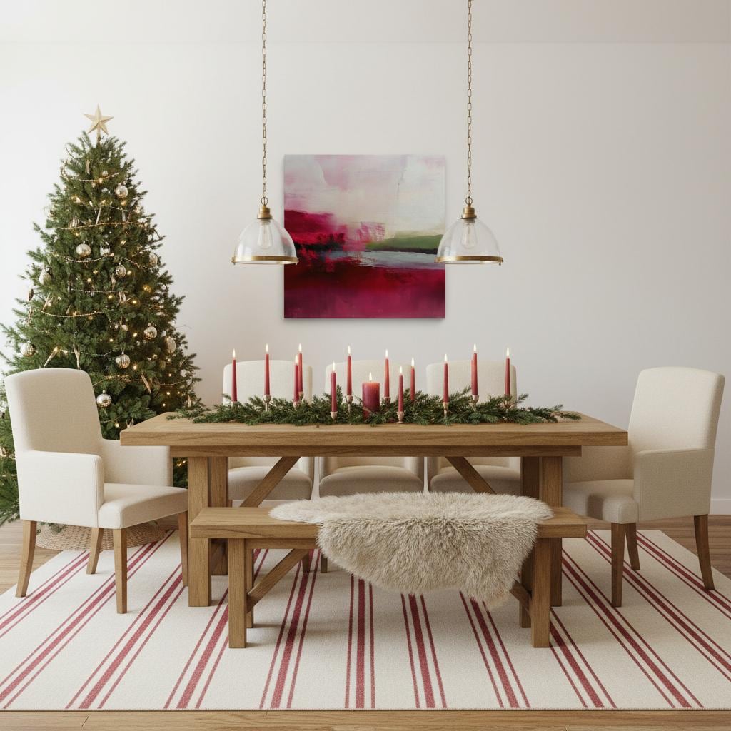 Large cranberry and blush pink abstract canvas with winter sage accents. Soft contemporary holiday wall art for living room, bedroom, dining room, or entryway decor. Limited edition Muse Studio artwork, MUSE 611.