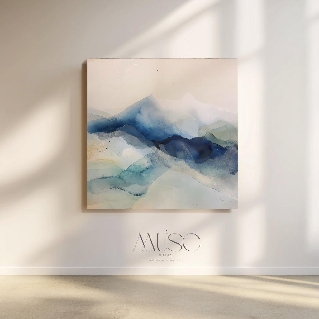 Large winter white and alpine blue abstract canvas with snowy, airy tones. Soft contemporary wall art for ski lodges, winter homes, living rooms, or bedrooms. Winter Whites Collection by Muse Studio, MUSE 610.