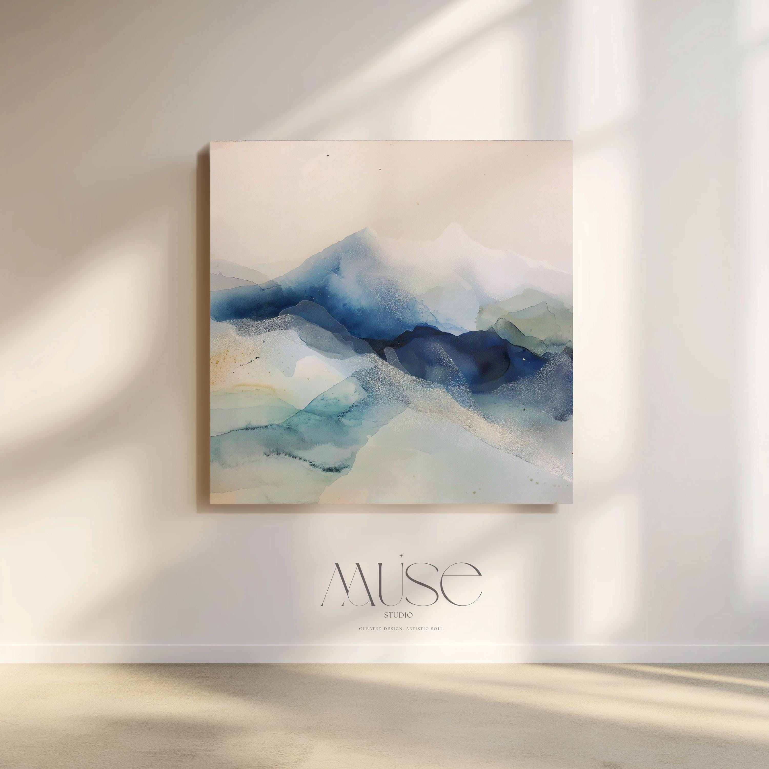 Large winter white and alpine blue abstract canvas with snowy, airy tones. Soft contemporary wall art for ski lodges, winter homes, living rooms, or bedrooms. Winter Whites Collection by Muse Studio, MUSE 610.