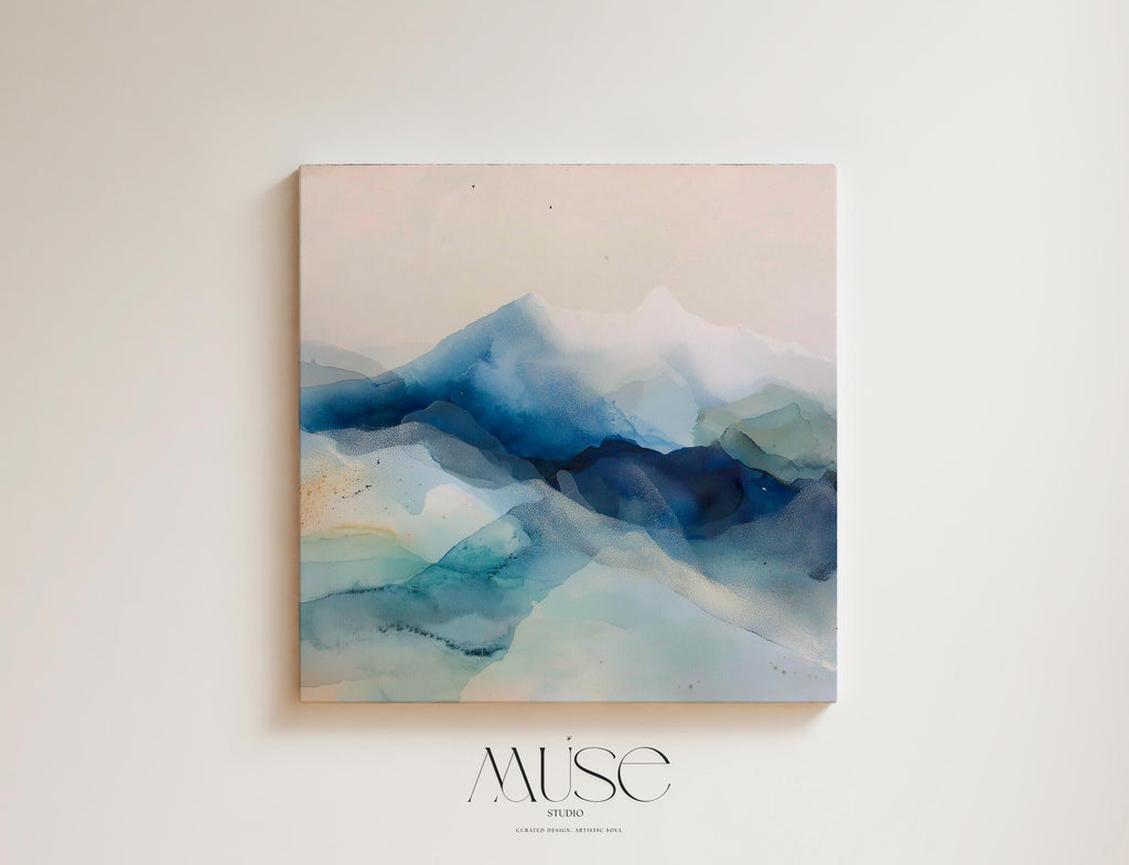 Large winter white and alpine blue abstract canvas with snowy, airy tones. Soft contemporary wall art for ski lodges, winter homes, living rooms, or bedrooms. Winter Whites Collection by Muse Studio, MUSE 610.