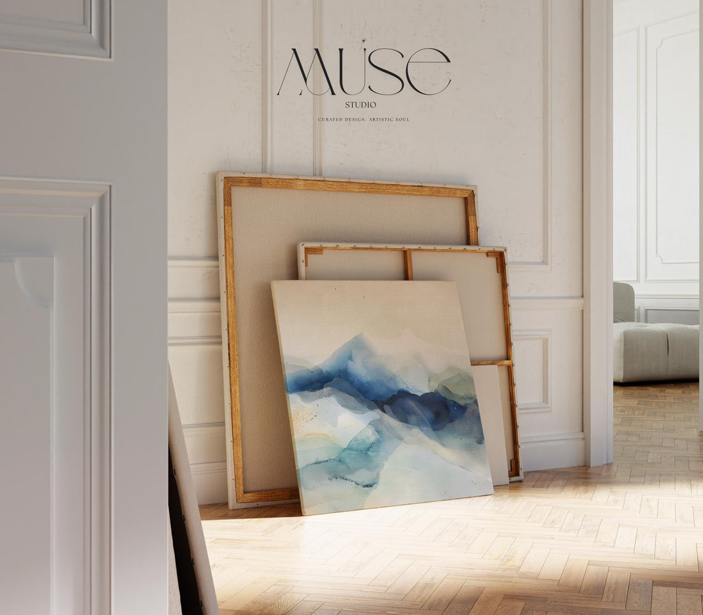 Large winter white and alpine blue abstract canvas with snowy, airy tones. Soft contemporary wall art for ski lodges, winter homes, living rooms, or bedrooms. Winter Whites Collection by Muse Studio, MUSE 610.