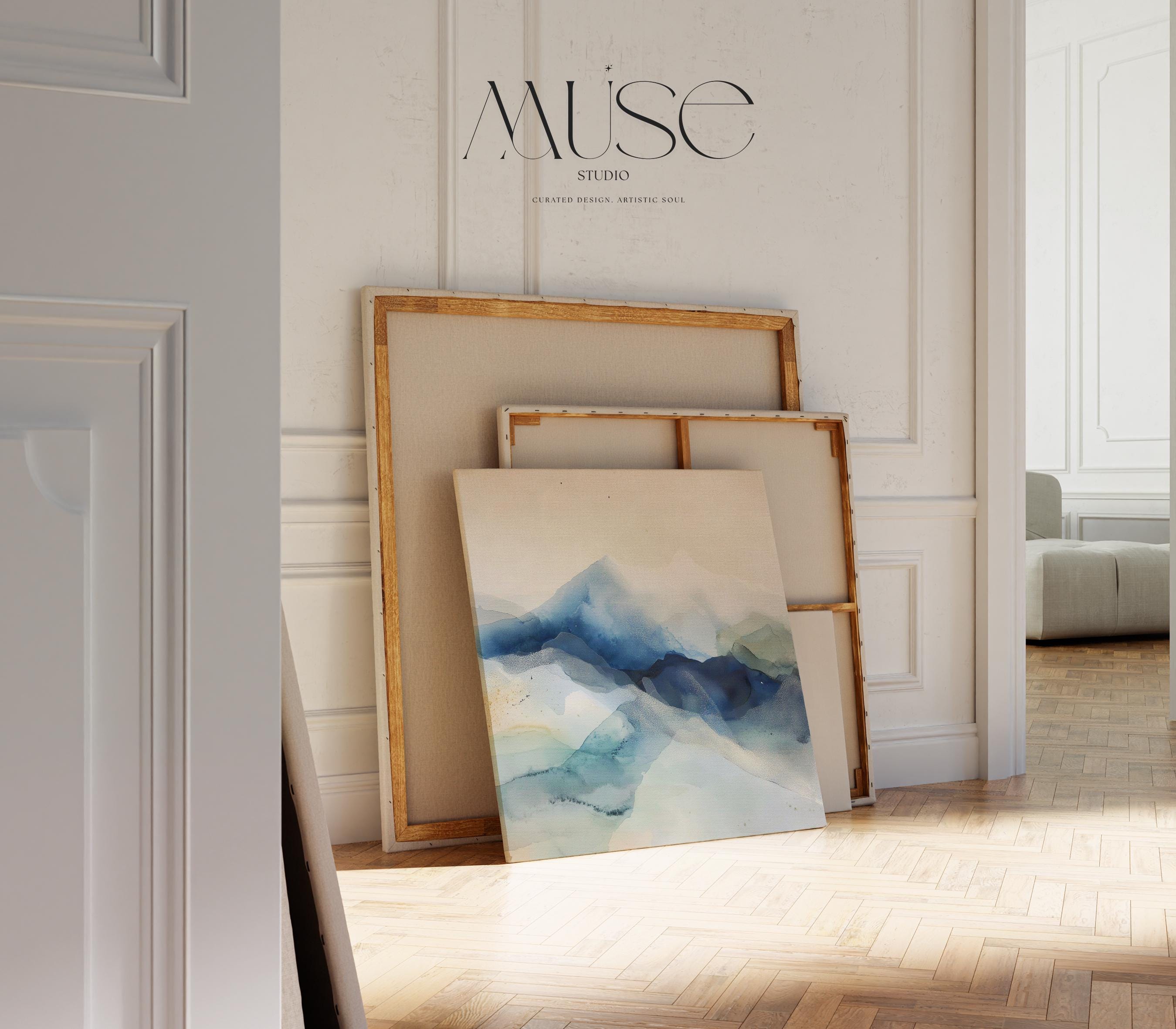 Large winter white and alpine blue abstract canvas with snowy, airy tones. Soft contemporary wall art for ski lodges, winter homes, living rooms, or bedrooms. Winter Whites Collection by Muse Studio, MUSE 610.