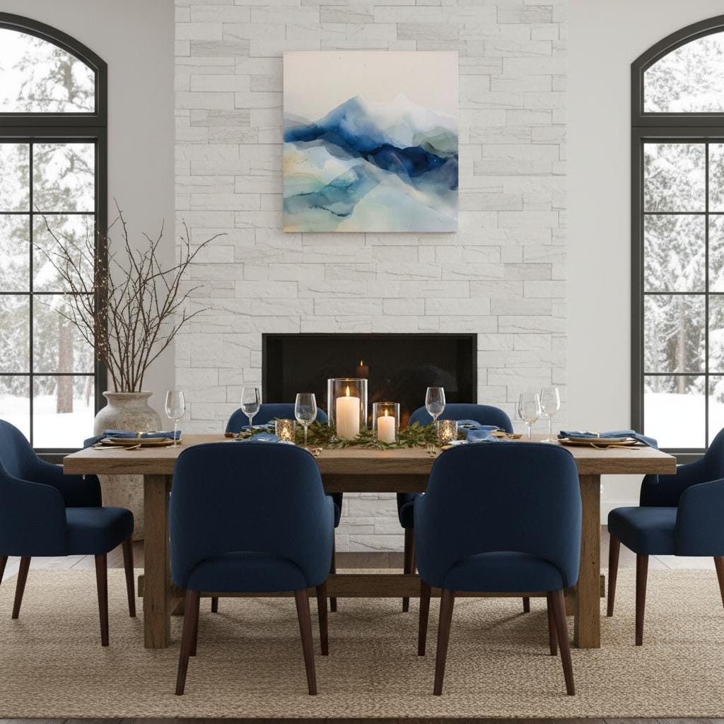 Large winter white and alpine blue abstract canvas with snowy, airy tones. Soft contemporary wall art for ski lodges, winter homes, living rooms, or bedrooms. Winter Whites Collection by Muse Studio, MUSE 610.
