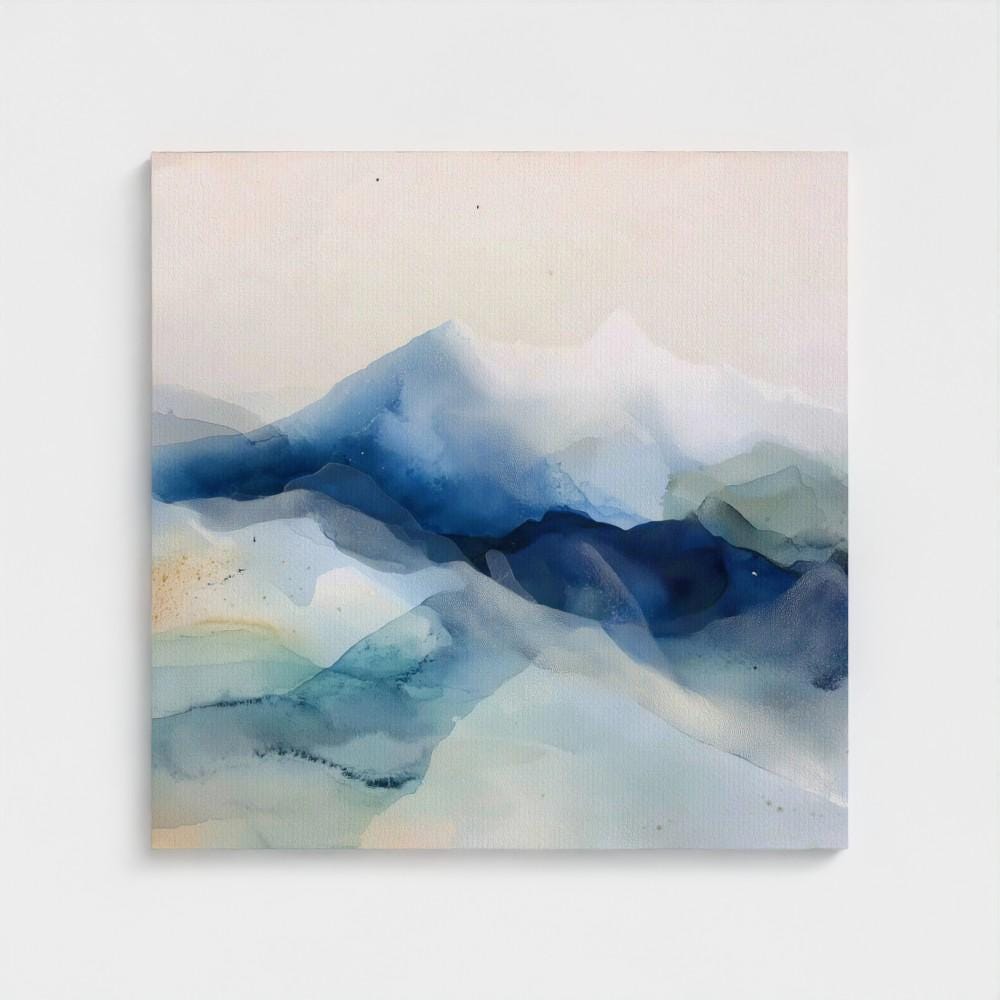 Large winter white and alpine blue abstract canvas with snowy, airy tones. Soft contemporary wall art for ski lodges, winter homes, living rooms, or bedrooms. Winter Whites Collection by Muse Studio, MUSE 610.
