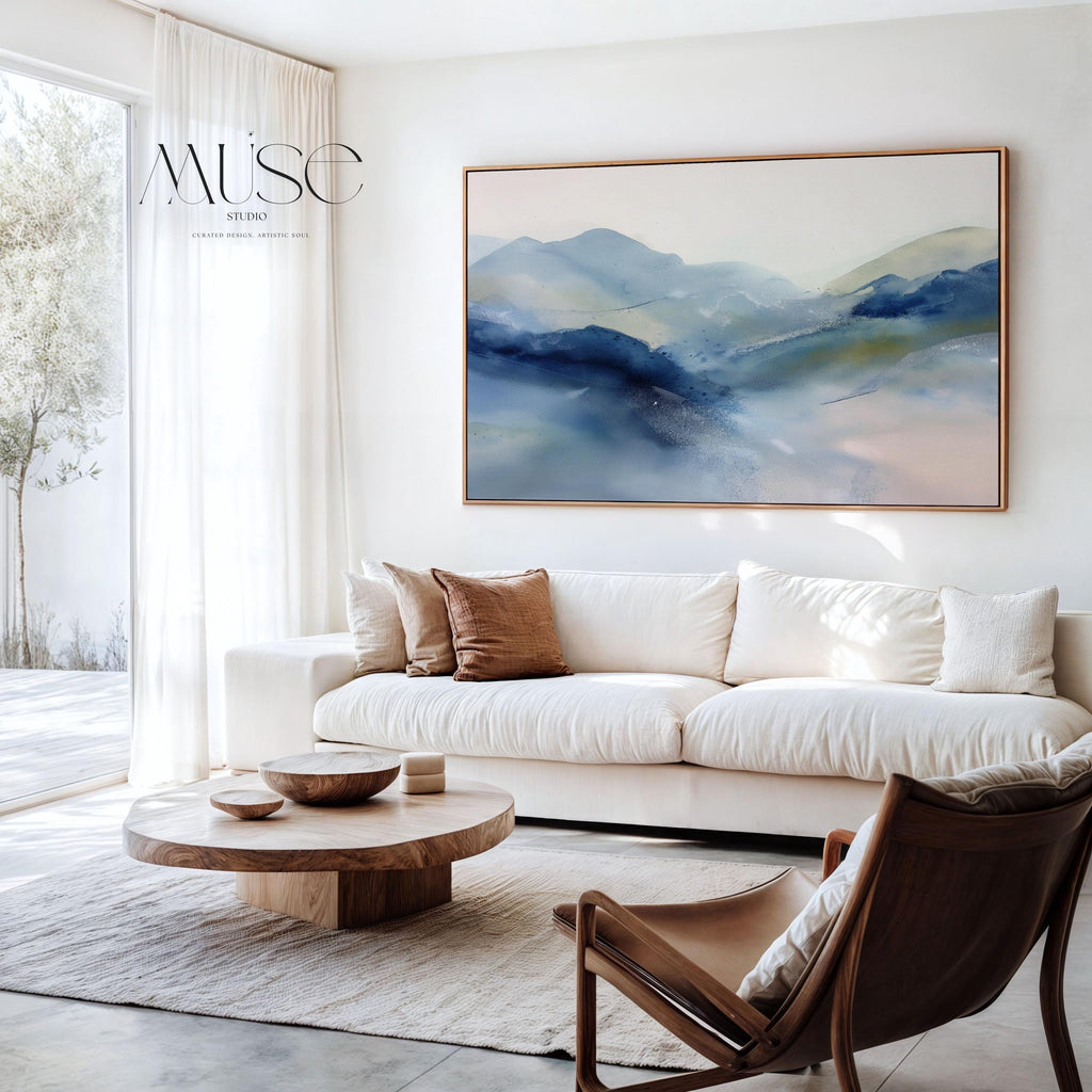 Framed alpine blue and winter white abstract canvas with soft snowy tones. Minimalist winter wall art for ski lodges, coastal cabins, bedrooms, or living rooms. Winter Whites Collection by Muse Studio, MUSE 621.