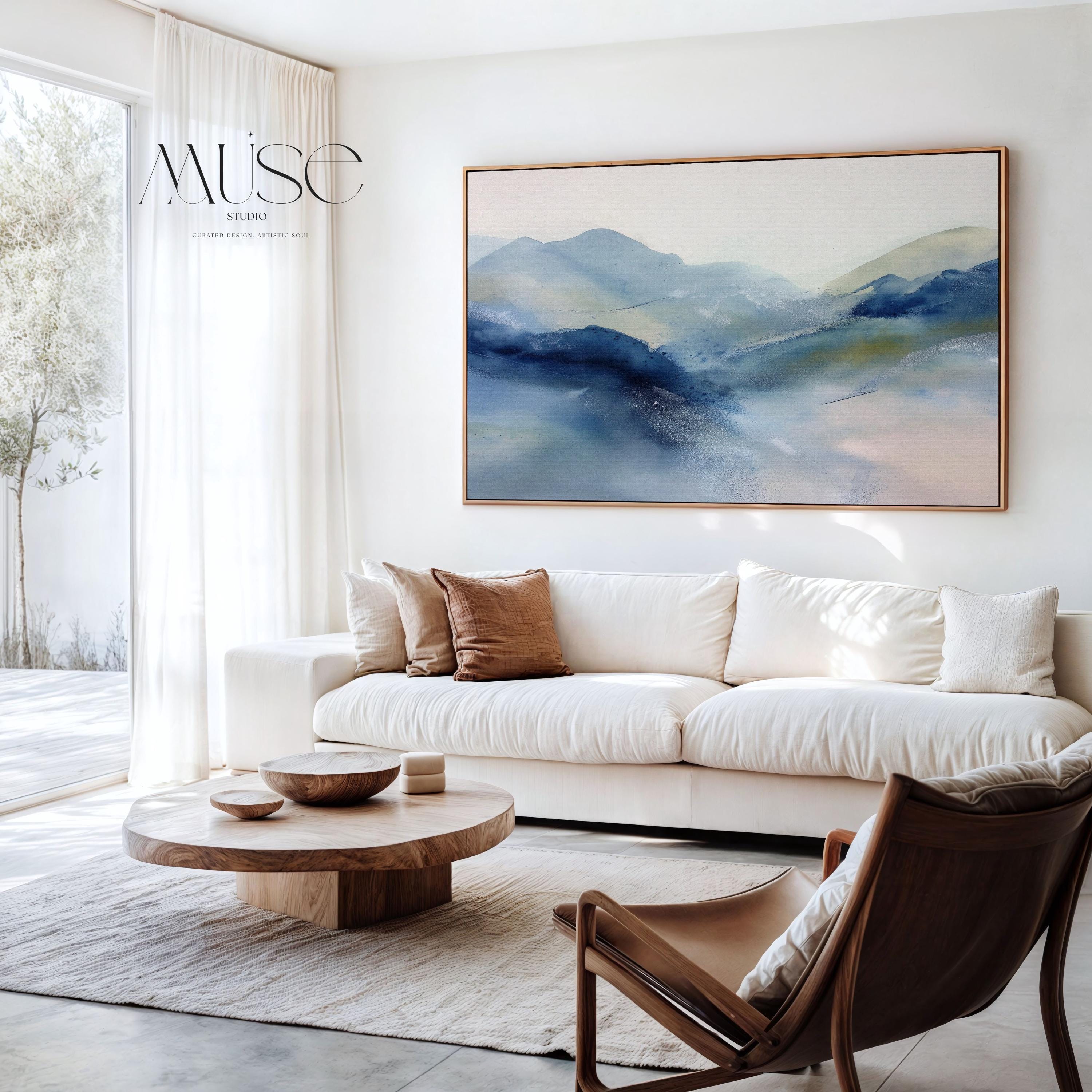Framed alpine blue and winter white abstract canvas with soft snowy tones. Minimalist winter wall art for ski lodges, coastal cabins, bedrooms, or living rooms. Winter Whites Collection by Muse Studio, MUSE 621.