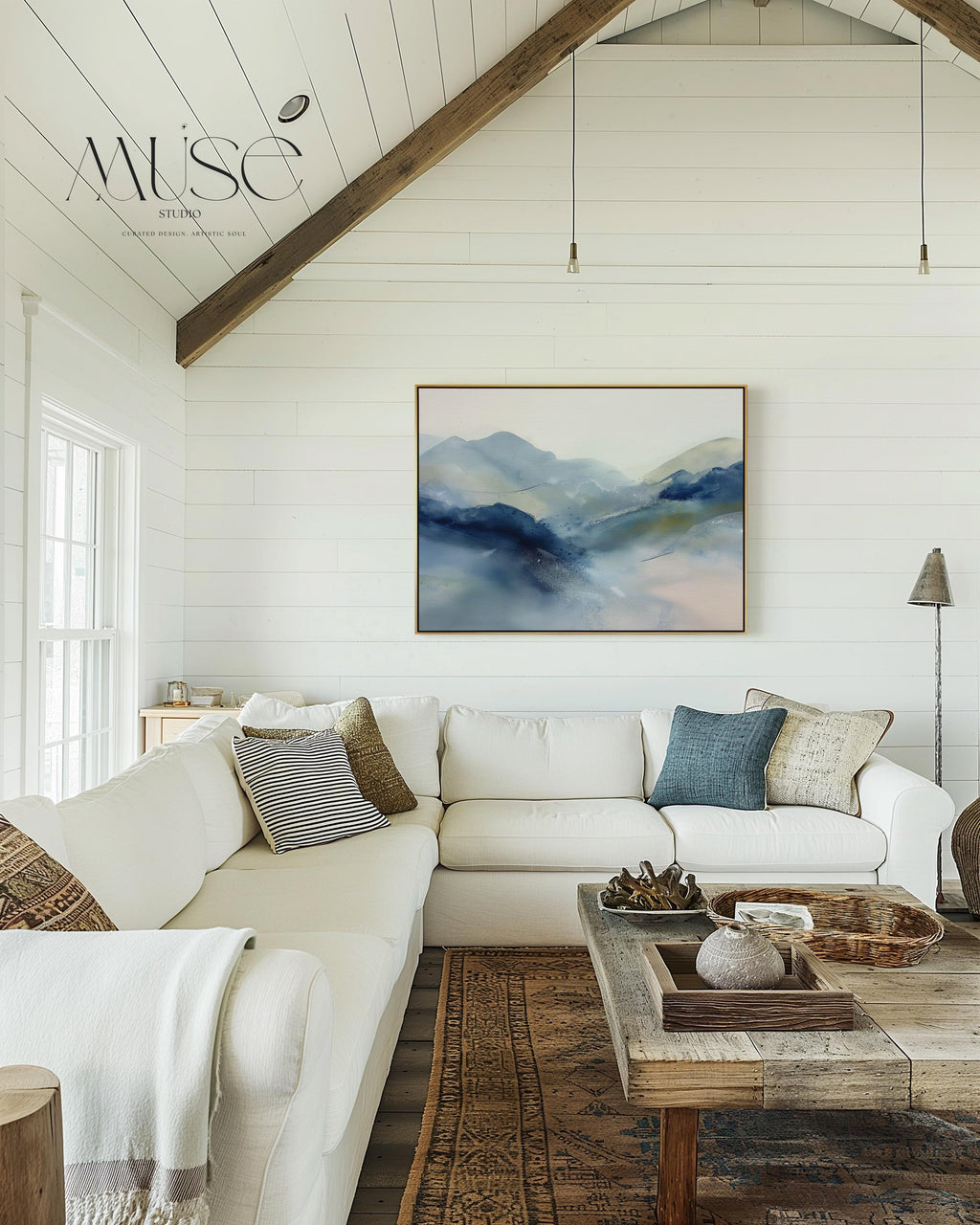Framed alpine blue and winter white abstract canvas with soft snowy tones. Minimalist winter wall art for ski lodges, coastal cabins, bedrooms, or living rooms. Winter Whites Collection by Muse Studio, MUSE 621.